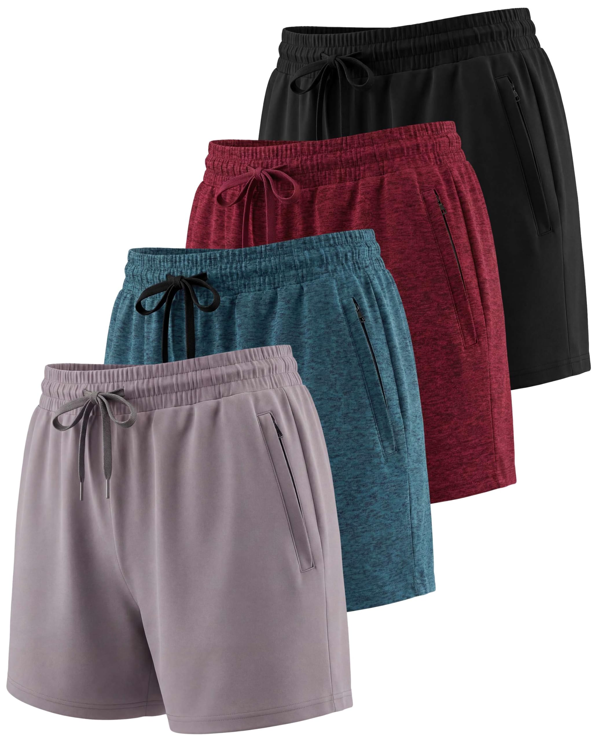 Real Essentials Paquete de 4: pantalones cortos deportivos para mujer con bolsillos con cremallera (disponible en tallas grandes), Set 5, Large