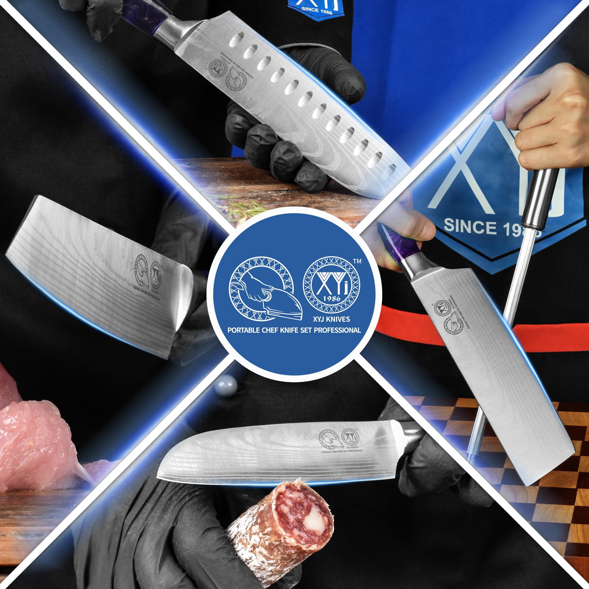 XYJ Autentico Dal 1986, Coltelli Chef Giapponesi da 10 pezzi Set con Affiliatore Rod Rolling Bag & Fodera, Coltelli Cucina In Acciaio Inox, Paring Santoku Taglio Coltelli Strumenti