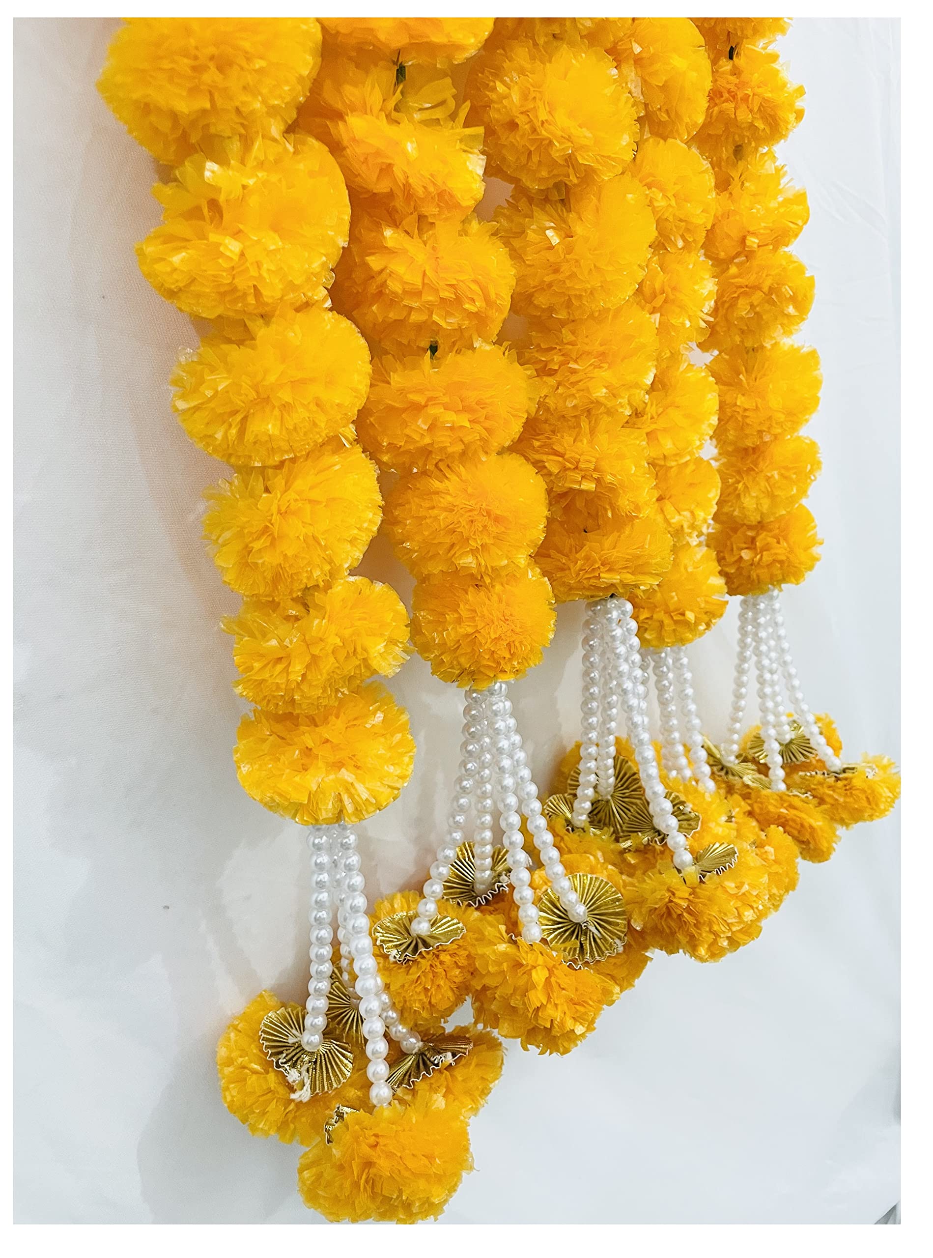 SPHINX Artificial Marigold Fluffy Flowers with Gota and Off-White Pearls/Beads Garlands/Strings for Festive Pooja Wedding Housewarming Decorations Approx. 4.75ft (Light Orange)