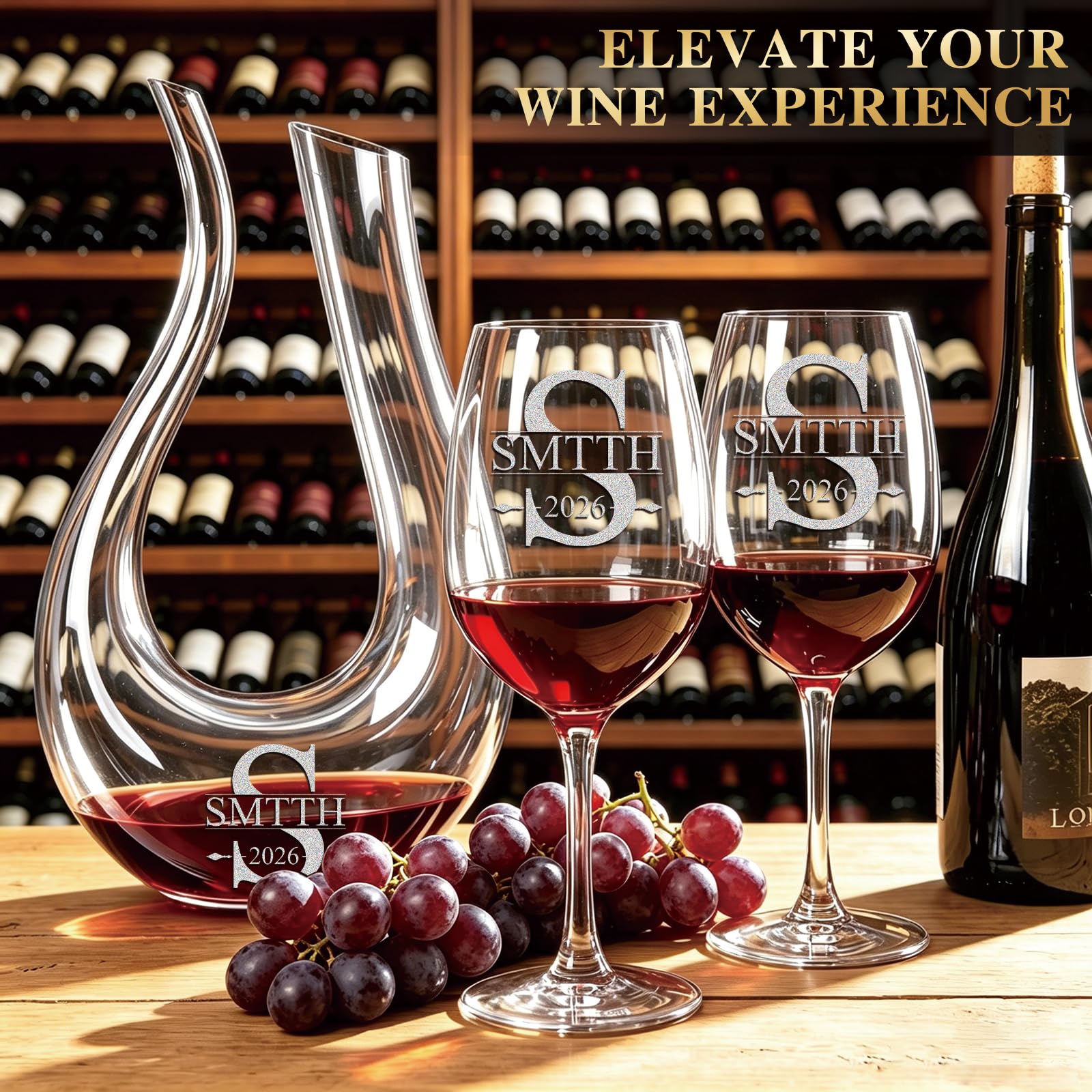 Juego de decantador de vino grabado personalizado, jarra de vino de cisne en forma de U, aireador de vino soplado a mano, regalo para el día del padre y cumpleaños