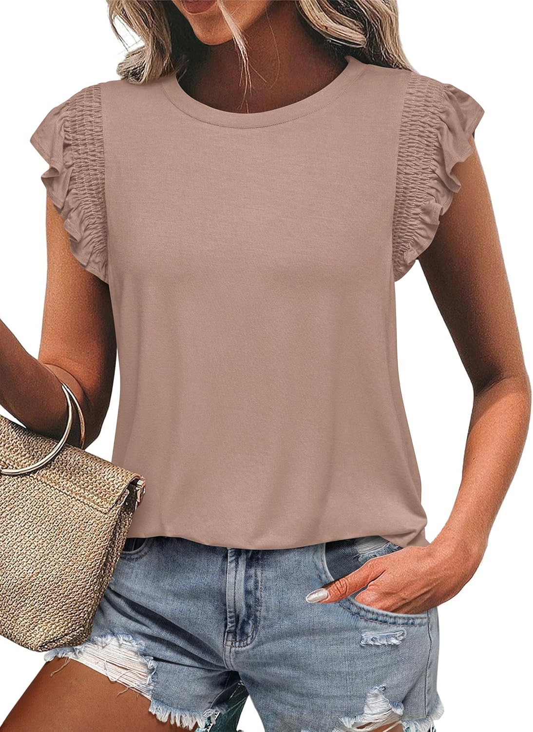KIRUNDO Womens Summer Tops 2025 Trendy Ruffle Cap Sleeve Casual T Shirts Crewneck Basic Tee Cute Blouses Clothing