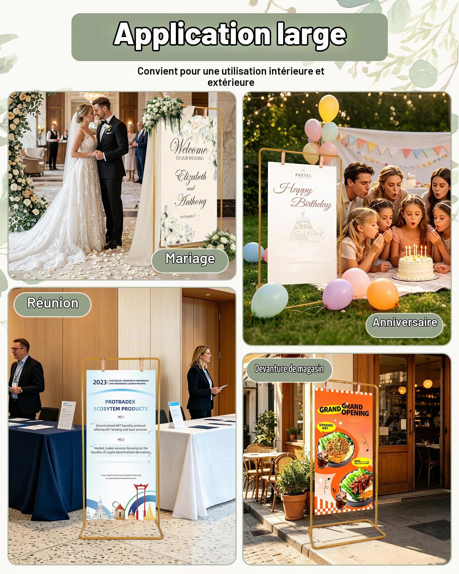 Support Pour Pancarte Bienvenue Mariage 175cm 3 Hauteurs Réglables Support Décoratif Pour éVénement il est Livré Avec 2 Lanières Cuir et 2 Clips Pour la Décoration les Affiches et les Fêtes (Doré)