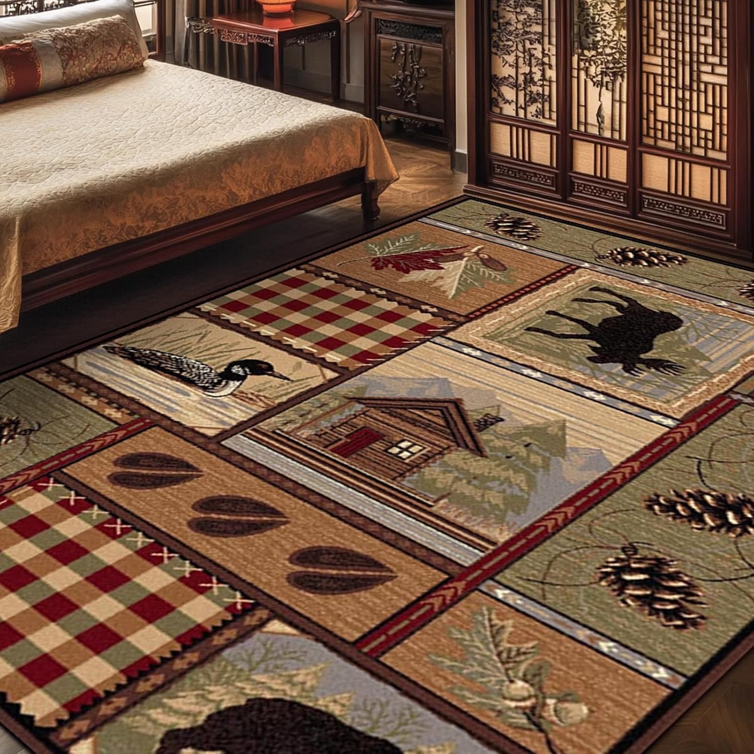 Rustic Cabin Deer Rugs 6ftx9ft Western Wildlife Bear Indoor Decorative Carpet for Bedroom Living Room Non-Slip Lodge Elk Bear Entryway Mat
