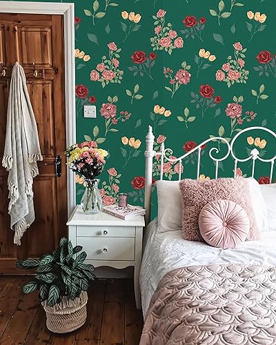 Miniatura 7 de MORCART Papel tapiz floral vintage extraíble, elegante verdechampánrosa rosa para paredes y muebles, mural de vinilo autoadhesivo de lujo (17.7 x