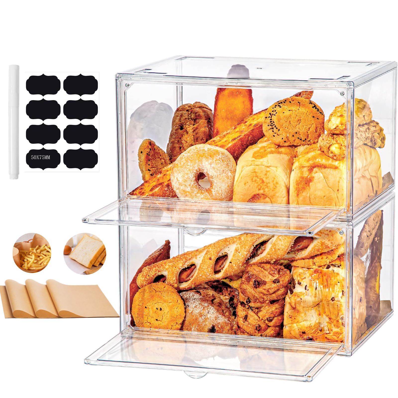 2er Set Plastik Brotkasten Groß Brotbox Durchsichtig Brotaufbewahrung mit 50pcs Backpapier Etiketten Verstellbar Durchsichtig Brotbehälter Brotkasten Transparent Brot Aufbewahrungsbox kunststoff Küche, Haushalt & Wohnen
