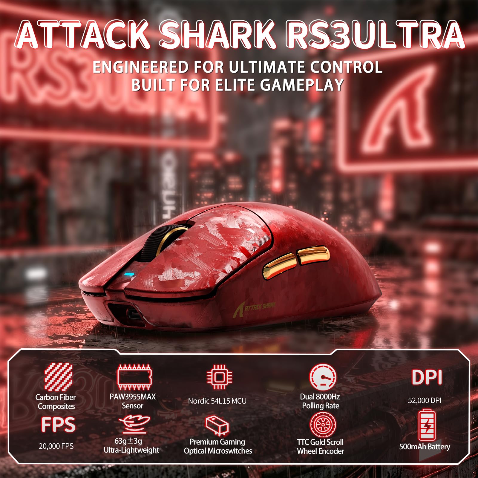 MAMBASNAKE ATTACK SHARK RS3 ULTRA Mouse Gaming Wireless In Fibra Di Carbonio, MCU Nordic 54L15, Sensore PAW3955MAX, Fino A 52000 DPI, Dual 8000Hz, 66g Ultra Leggero, Dongle Shark-Fin,for PC/MAC, Rosso