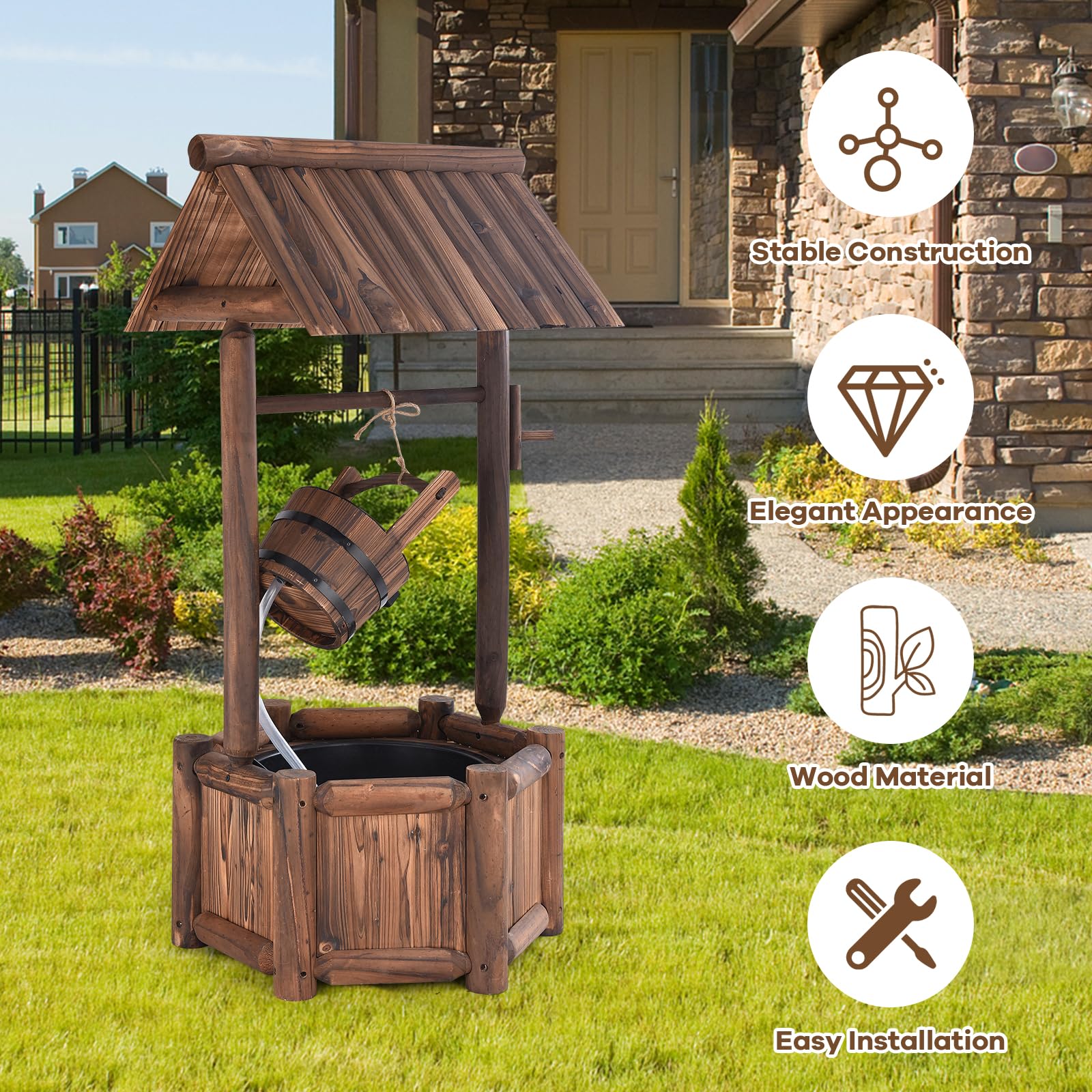 SOARS Fontaine Exterieure de Jardin 58 X 58 X 114 CM, Puit Decoration Jardin en Bois de Sapin avec Toit pour l'Extérieur, Seau Réglable en Hauteur, pour Cour, Pelouse, Jardin (58 X 58 X 114 CM)