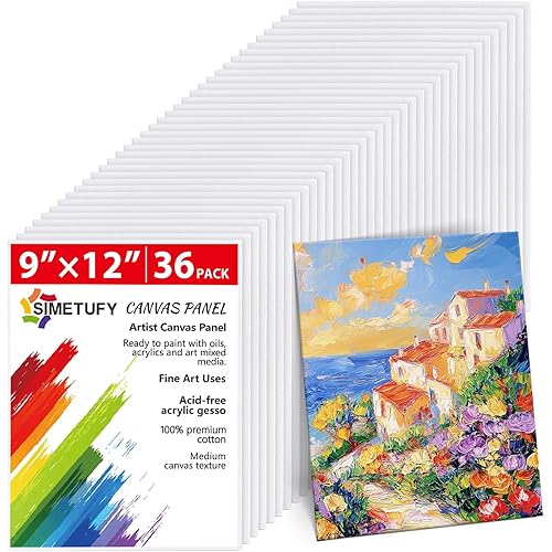 Simetufy 36Pack 9x12 Inch Canvas Boards for Painting Bulk, Blank Art Canvases for Novices, Gesso Primed 100% Cotton Canvas Panels for Acrylic Oil Watercolor Tempera Paint
