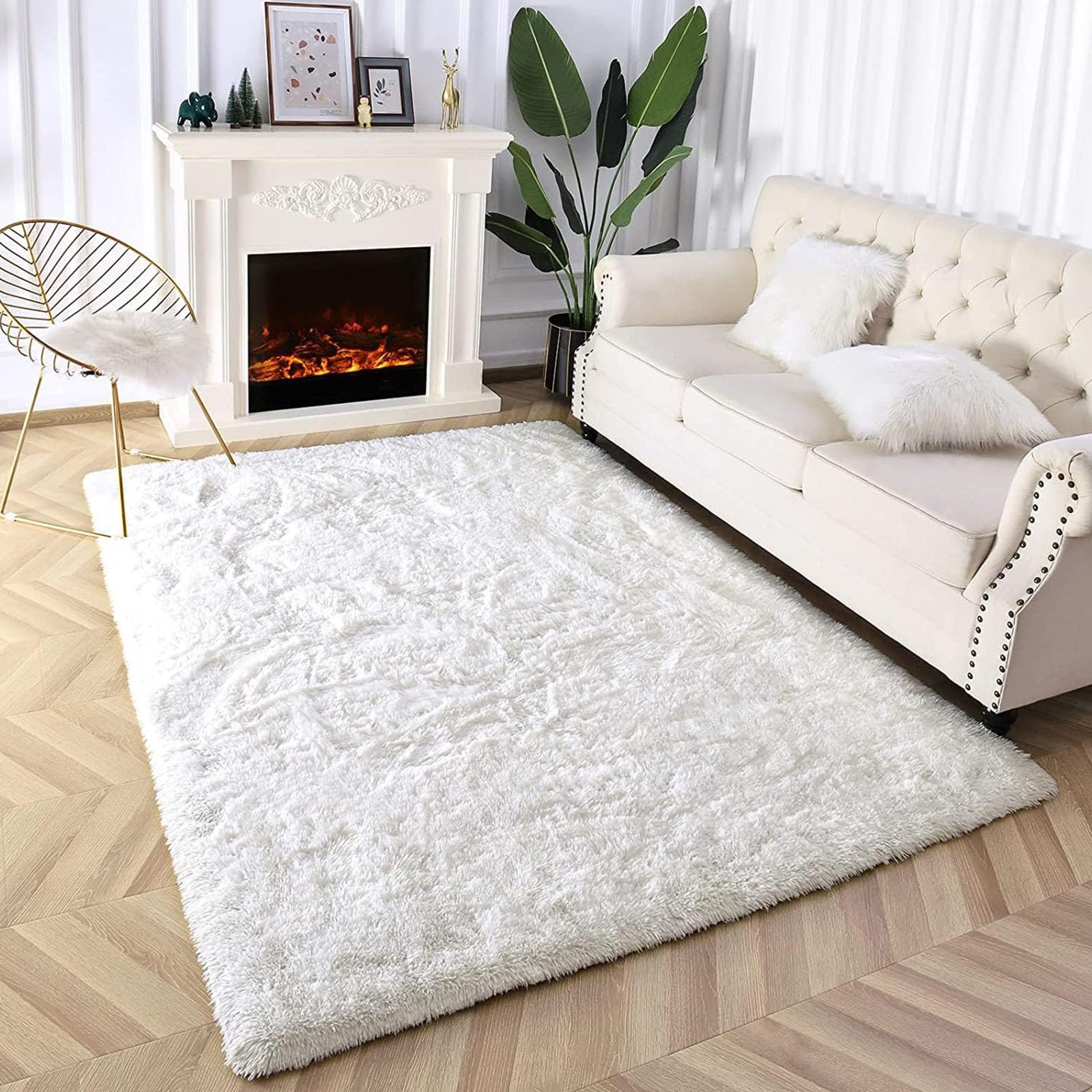 Flauschig Hochflor Teppich 140 x 250 cm Hochflor Langflor Weich Modern Unifarben Flauschig Shaggy Flauschiger Teppich für Schlafzimmer Küche Geeignet, Weiß