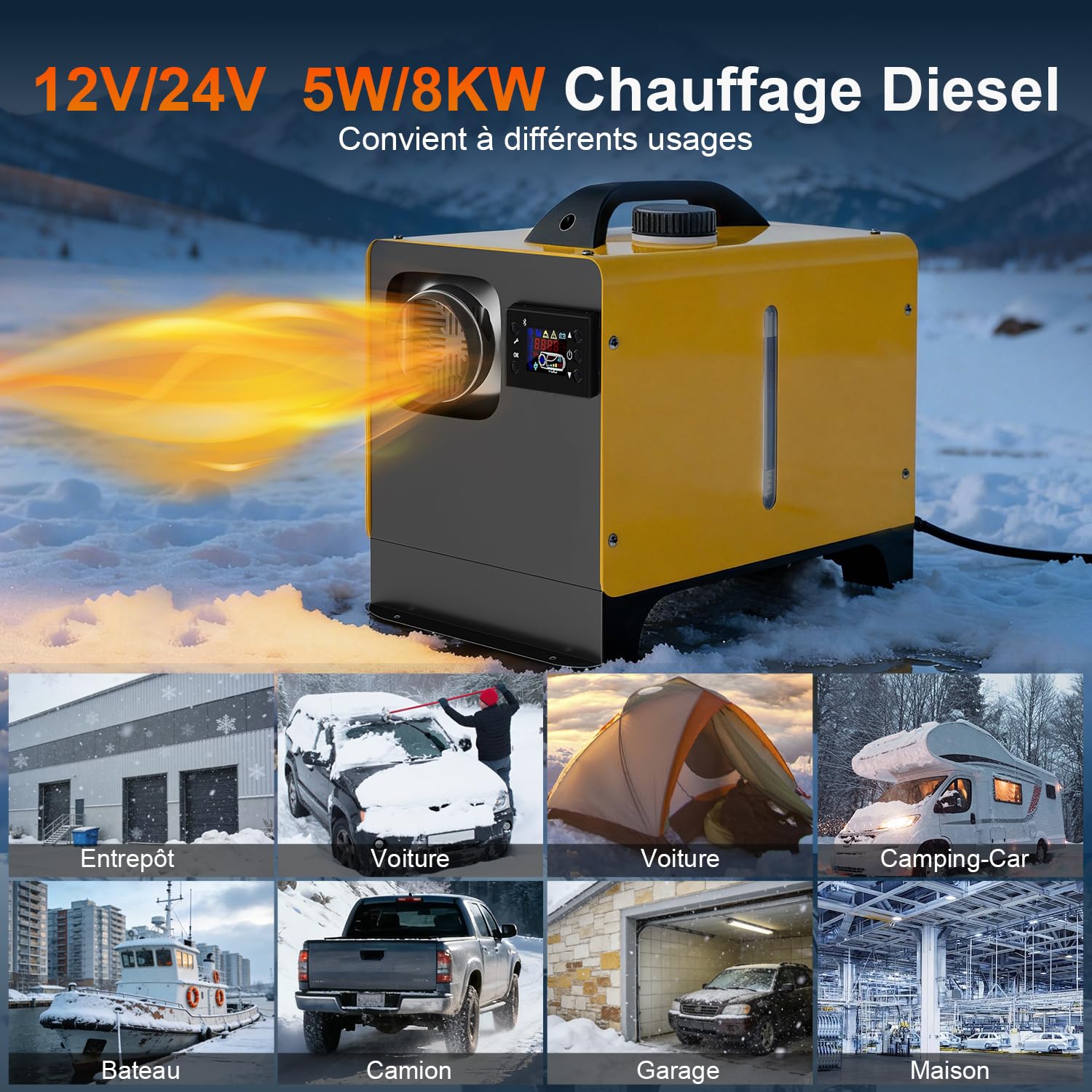 SOLAVERO Chauffage Diesel 5/8KW, 12V Réchauffeur d'air Diesel 0.16-0.45L/h, avec LCD, Commande Bluetooth et Télécommande, Contrôle Thermostatique Intelligent, aux Camping-Cars, Bateaux et Maisons
