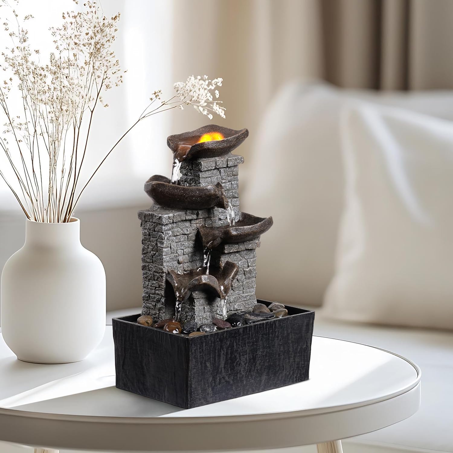 Tabletop Indoor Water Fountain Cascading with 3-Tier Bowl Brick Wall Design with LED Light Tabletop Zen Decor