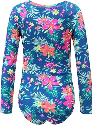 Miniatura 2 de Traje de baño de una pieza de manga larga para niñas con protección solar UPF 50+, traje de baño de rayas arcoíris para niños de 3 a 14 años