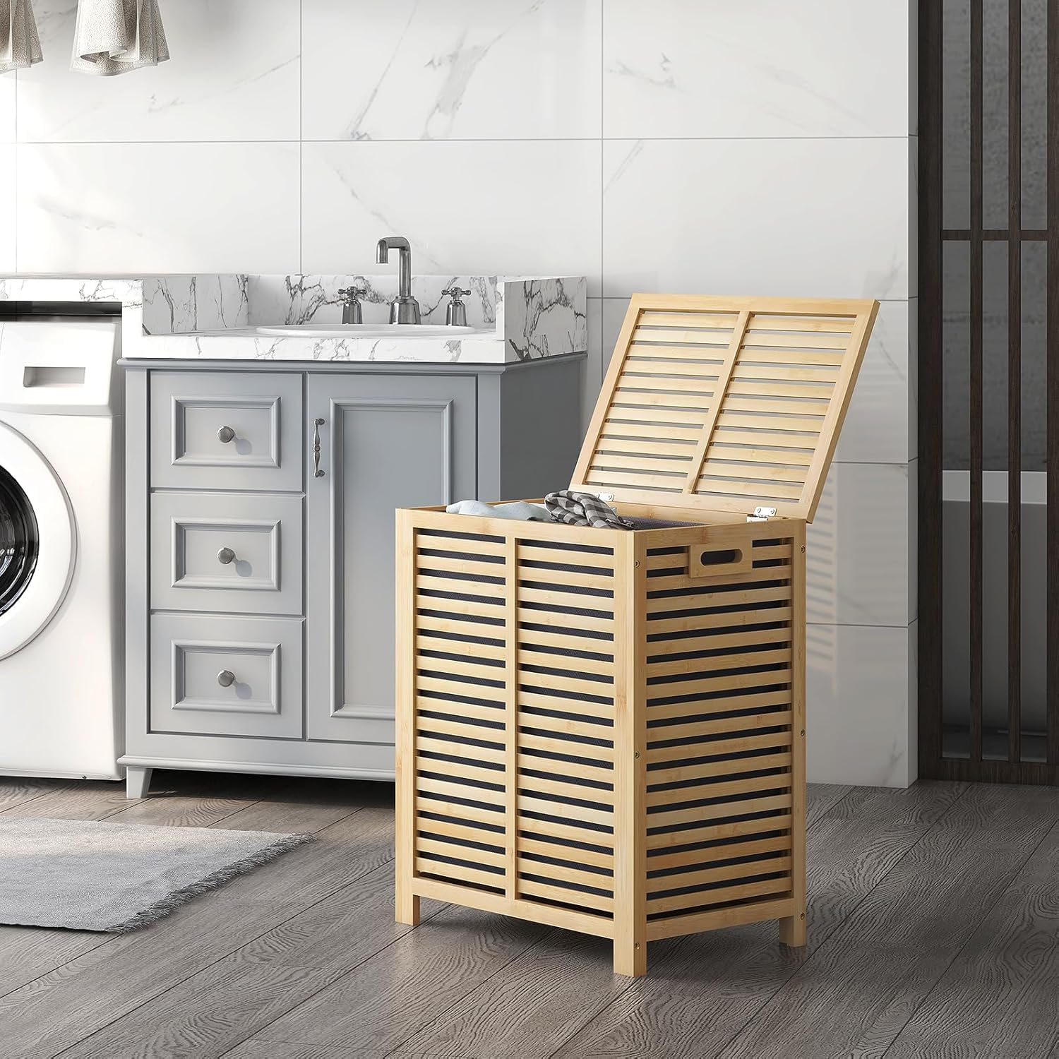 GIANTEX 80 L Wäschekorb Bambus, Wäschebox Wäschesammler mit Deckel & herausnehmbarem Wäschesack, Wäschetruhe Wäschetonne Wäschekiste mit Griffen, Wäschebehälter 50x35x62 cm, Natur