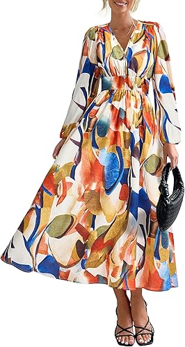 PRETTYGARDEN Women's Floral Midi Dress Casual Fall V Neck Long Sleeve Flowy Spring Beach Wedding Guest Vacation Dresses