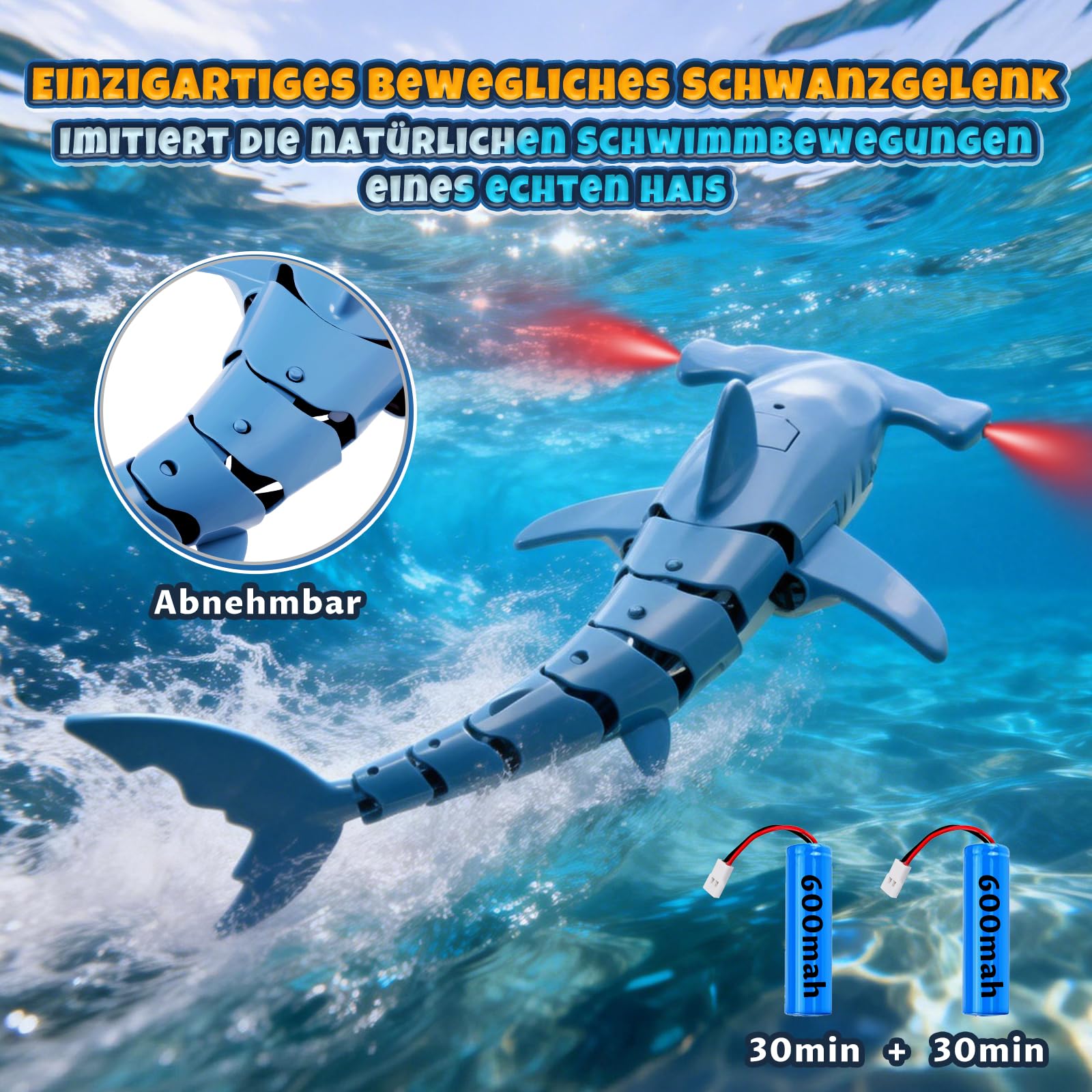 Ferngesteuerter Hai mit Tauchfunktion, 2.4GHz RC Hai mit LED-Licht, Unterwasser-Hai Spielzeug für Pool & Badewanne, Geschenk für Kinder ab 6 Jahren Jungen & Mädchen (Blau)