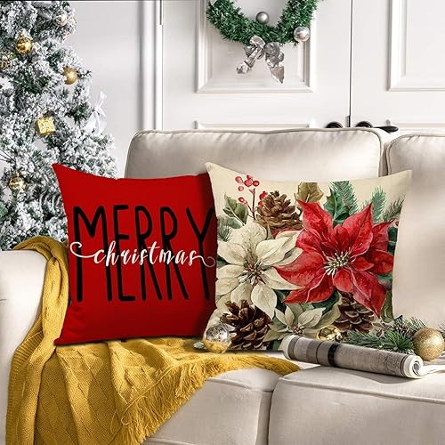 Miniatura 4 de Holly Jolly - Juego de 4 fundas de almohada de 18 x 18 pulgadas, diseño de flor de pascua cardenal y bayas rojas, fundas de almohada para decoración