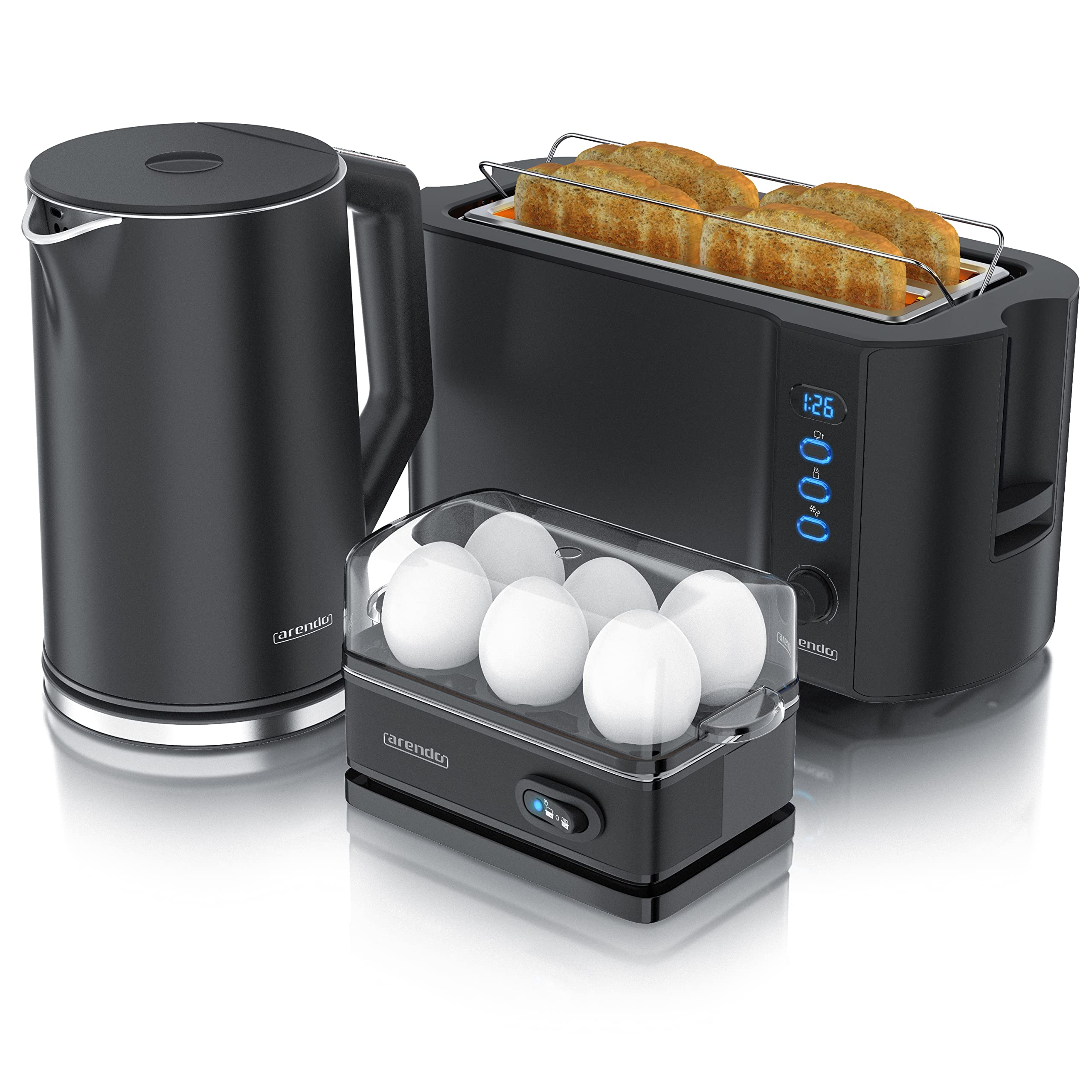 Arendo Ensembles Bouilloire et grille-pain et cuiseur à oeufs Bouilloire en inox 1,5L 40°-100°C, Toaster 4 Tranches Ecran LED 6 niveaux de brunissage, Cuiseur à oeufs 1-6 oeufs, Verre doseur Noir