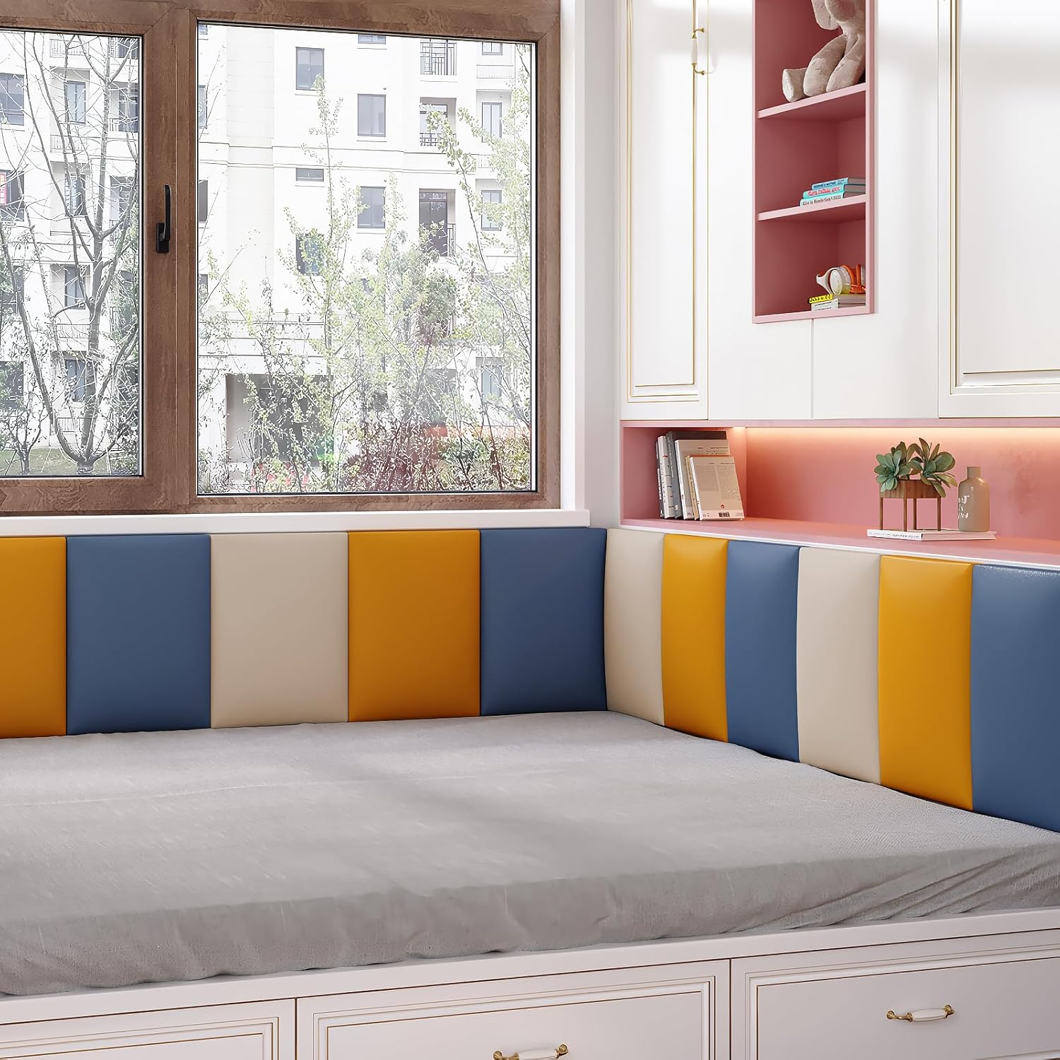 Wall Padding for Kids with Autism, 11.8” X 11.8” Peel and Stick Headboard Upholstered Wall Panels, Nursery Decor Wall Padded, 3D Wall Stickers for Bedroom, Playroom (Dark Gray Blue, 4)