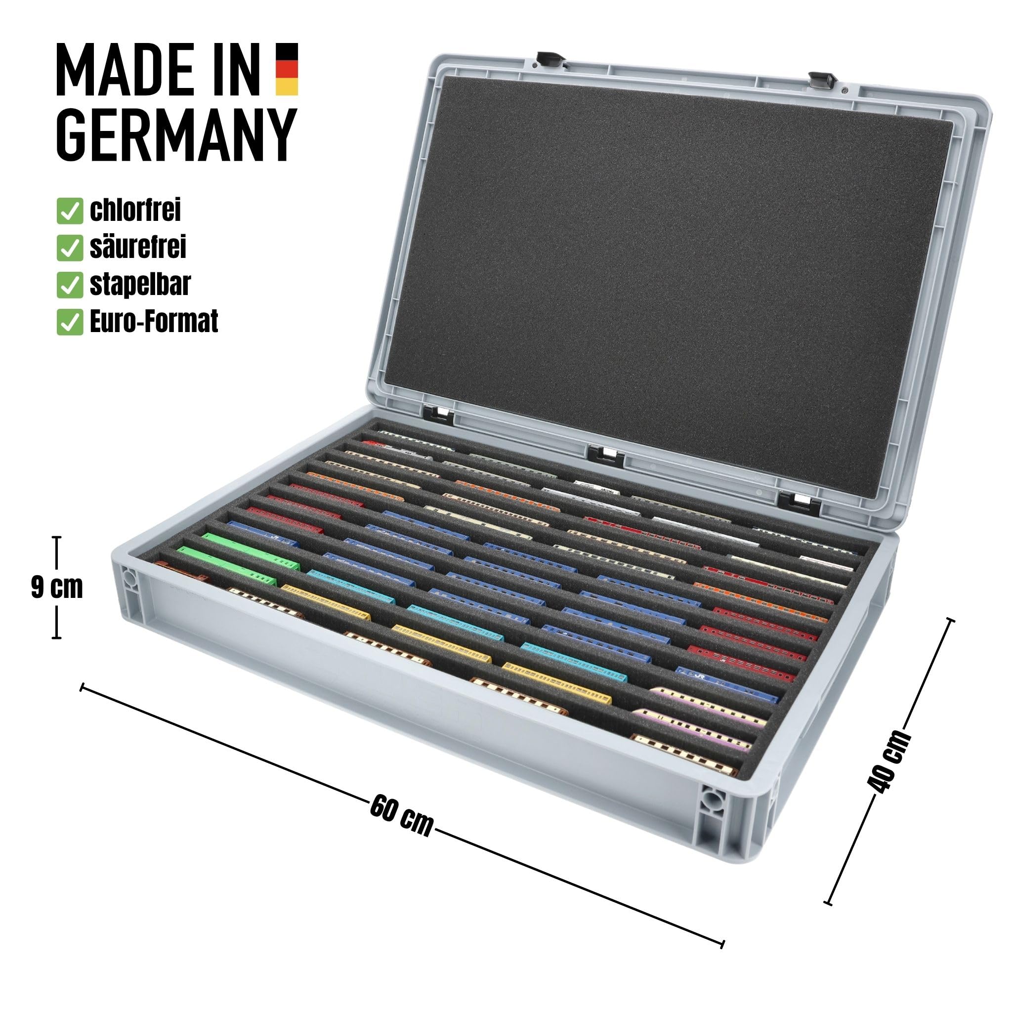 Feldherr Eurobox 60 x 40 cm Coffret pour modélisme ferroviaire - échelle Z - 12 Compartiments - Insert Mousse pour Rangement Horizontal - Solution Transport compacte pour locomotives et Wagons