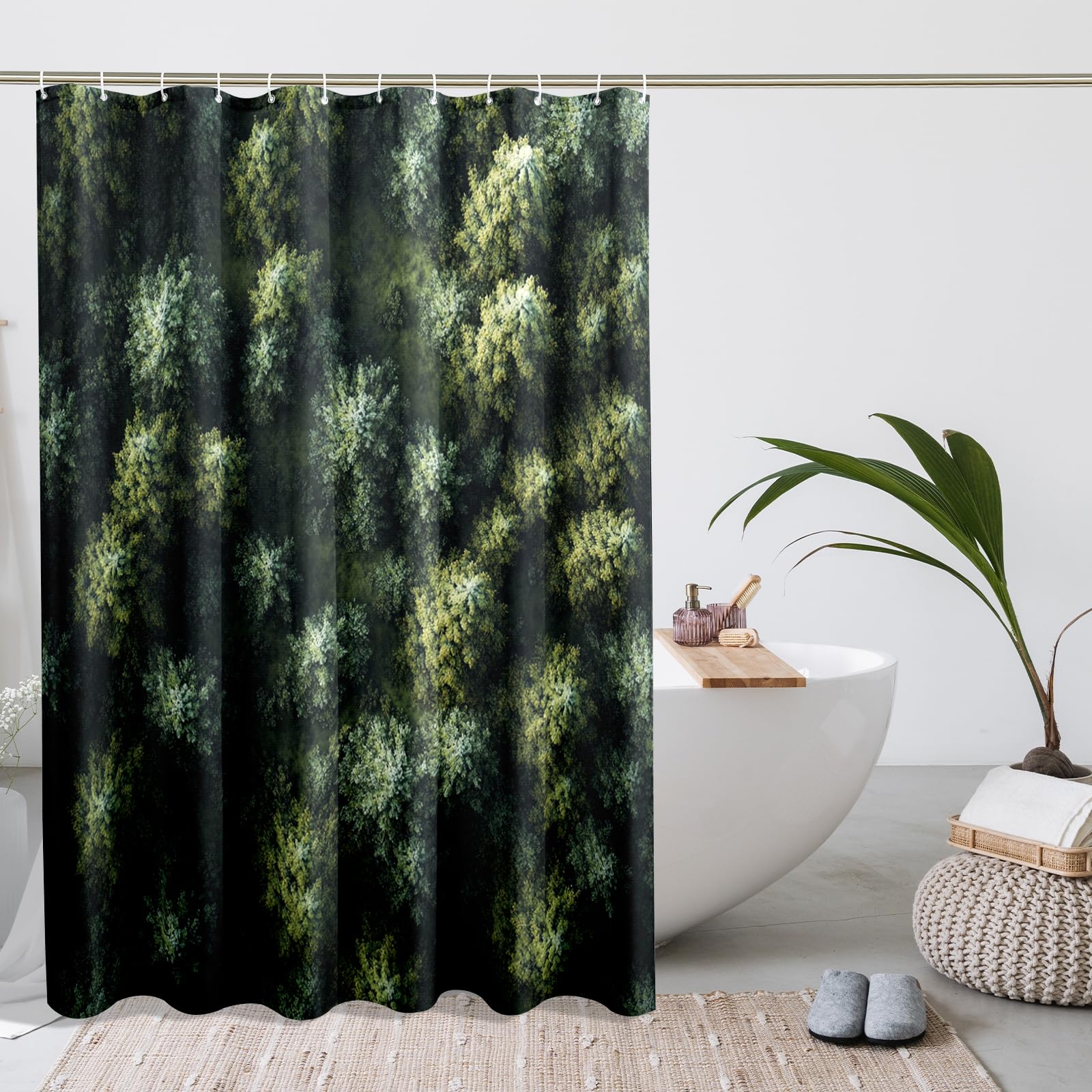 Ensemble de rideau de douche printanier surplombant la forêt, rideau de douche arbre nature 3D, accessoires de salle de bain bois, motif imprimé décoratif -72 x 78 cm