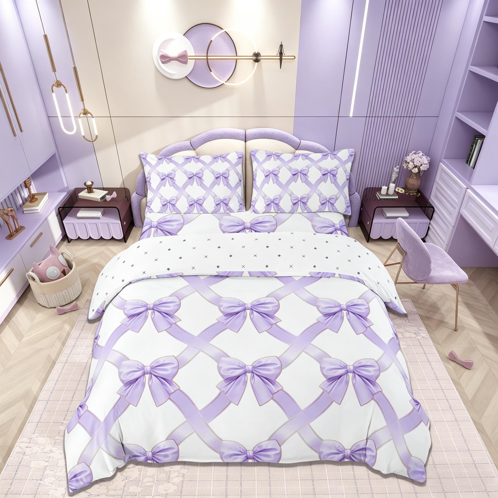 Loussiesd Coquette Bows Bedding Set Super King Size Kids Golden Purple White Bows Duvet Cover for Teens Watercolor Bow Comforter Cover Cute Bowknot Bedspread Cover Room Decor Quilt Cover โ image 1