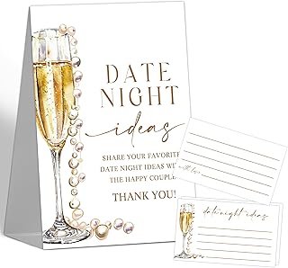 Pearls and Prosecco Bridal Shower Decorations - Date Night Ideas Games, 1 Sign and 50 Date Night Ideas Cards for Bachelorette Engagement Wedding Shower Decorations, 50 Guests
