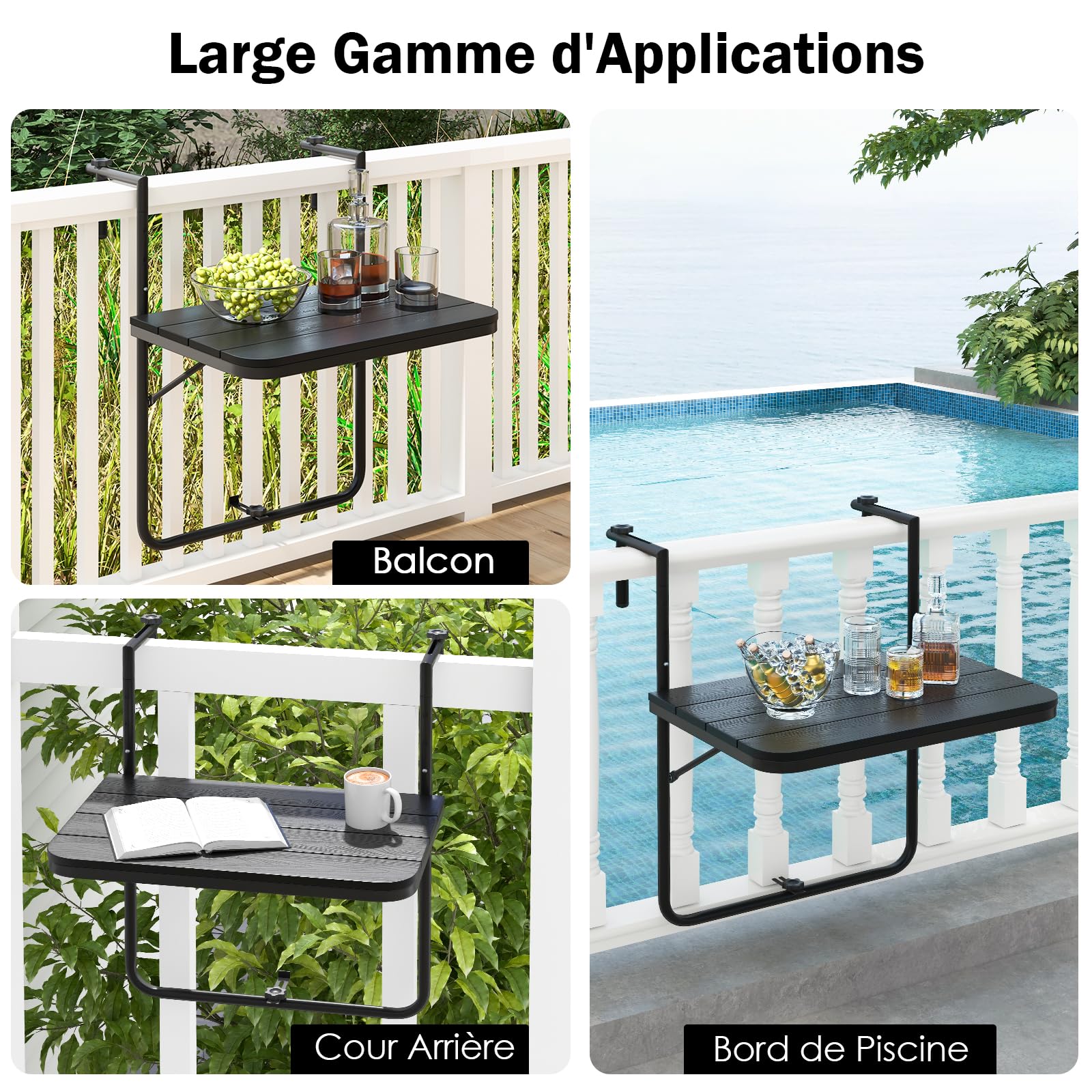 GIANTEX Table de Balcon Suspendue Pliable, Table Suspendue Rabattable et Hauteur Réglable, Résistante aux Intempéries, Charge 30 kg, pour Balcon, Terrasse, Jardin, 62,5 x 60 x 84 cm, Noir