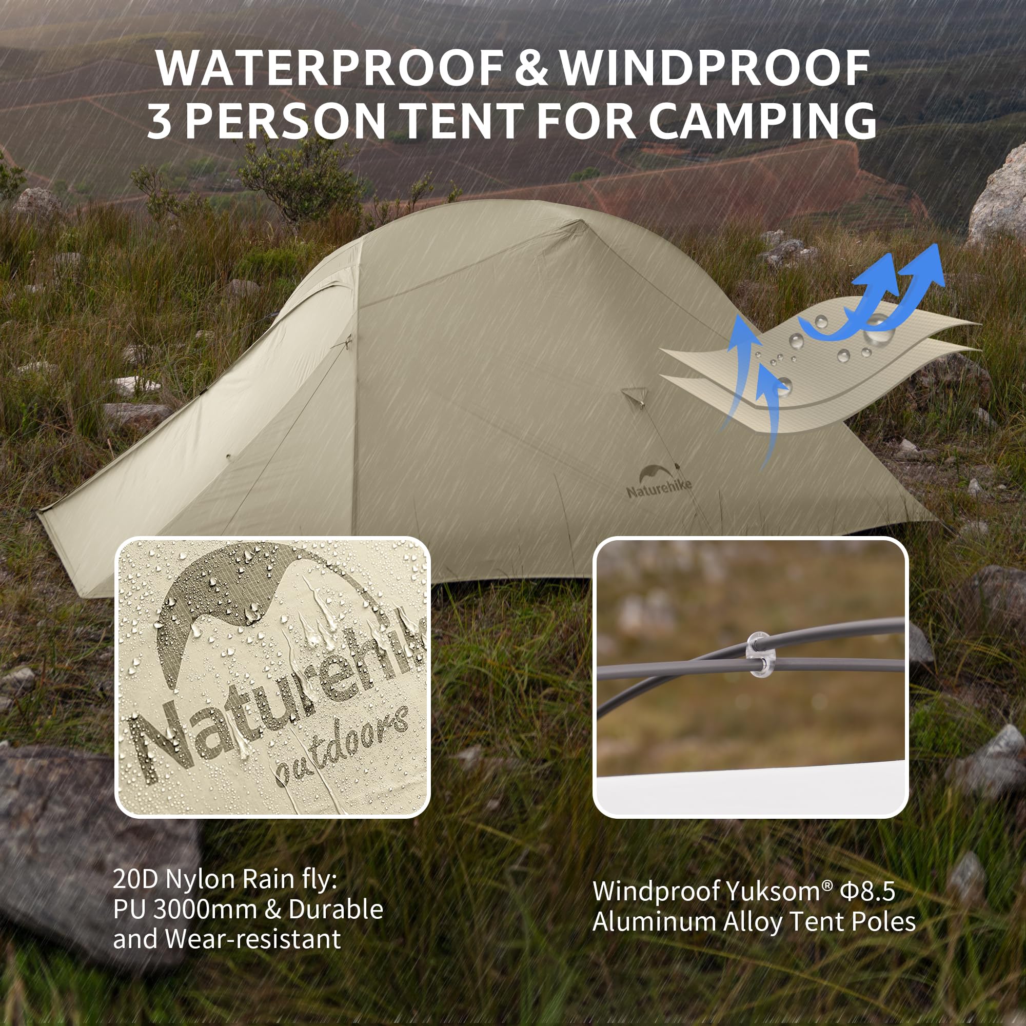 Naturehike Cloud Up Pro Tienda de campaña ligera para 3 personas, fácil montaje, resistente al viento e impermeable, para viajes al aire libre, trekking