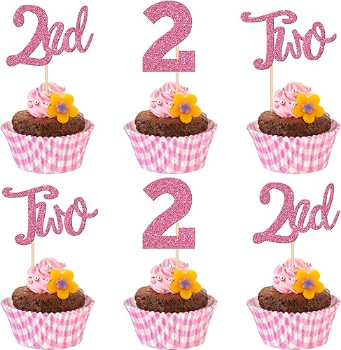 24 piezas de dos adornos para cupcakes con purpurina, dos púas para cupcakes de 2 cumpleaños, número 2, dos palillos para pasteles para baby shower,