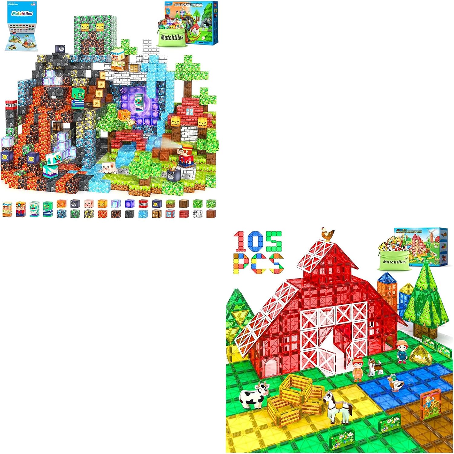 Magnetic Blocks Toys, Build Mine Magnet World Set, Magnetic Tiles Toys with Farm Animals Building for Boys & Girls Age 4-8 5-7, STEM Montessori Sensory Toys for Toddlers Kids Gifts