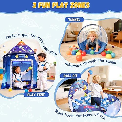 Miniatura 3 de Tienda de campaña 3 en 1 con túnel de bolas para niños, casa de juegos desplegable con temática espacial, para interiores y exteriores, juego de