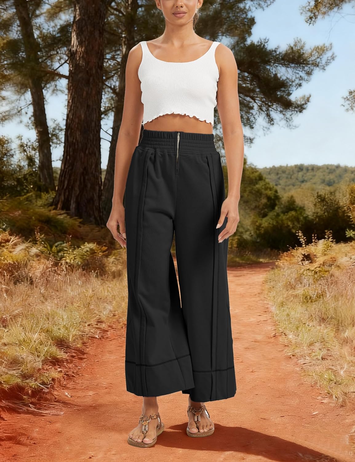 Womens Wide Leg Pants Casual Elastic High Waist Baggy Sweatpants Loose Cotton Lounge Palazzo Trousers - Image 7