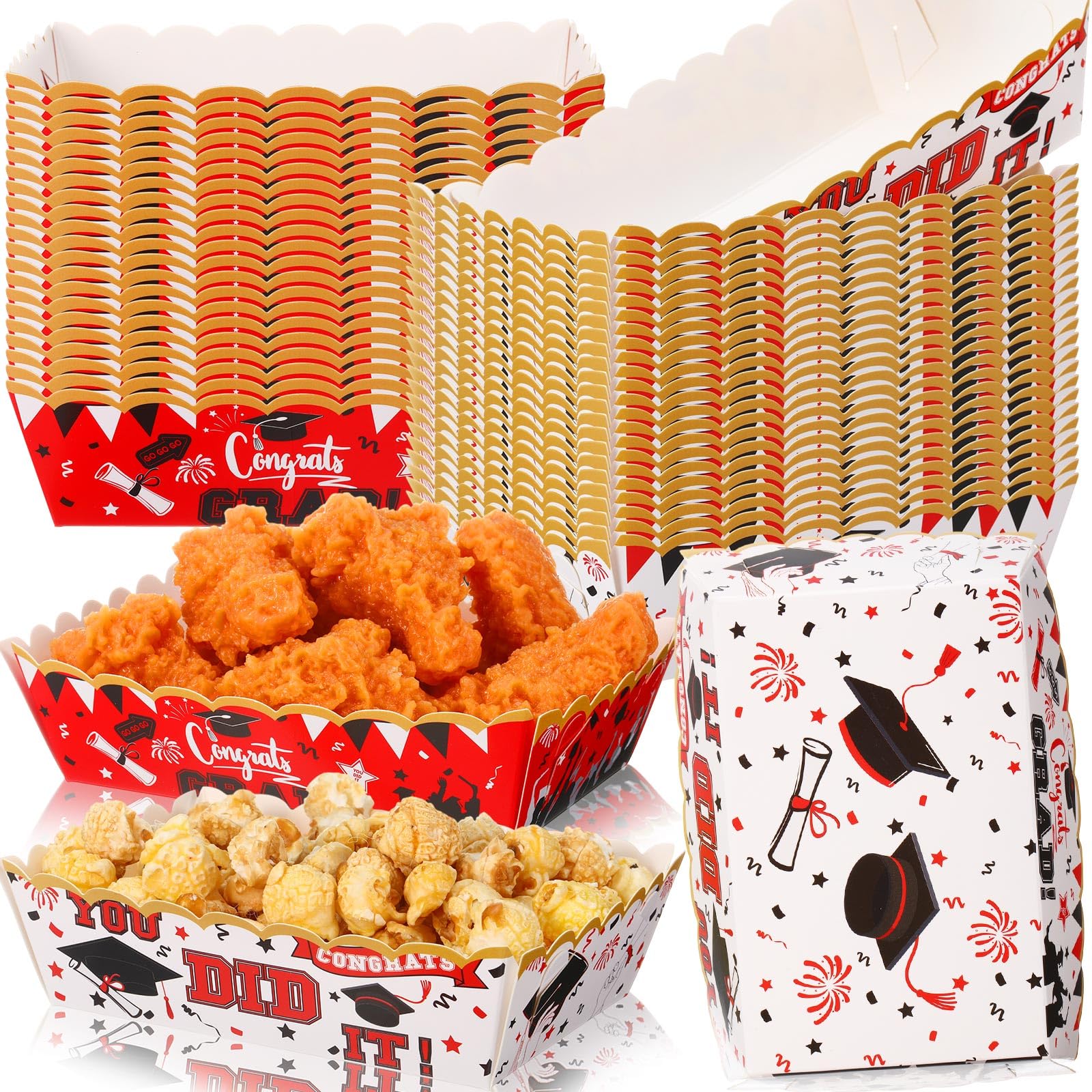 Blushtier 60 Pcs 2026 Red Graduation Paper Food Trays Congrats Grad Disposable Plates Food Holder Nacho Hot Dogs Popcorn Snacks Serving Boats for