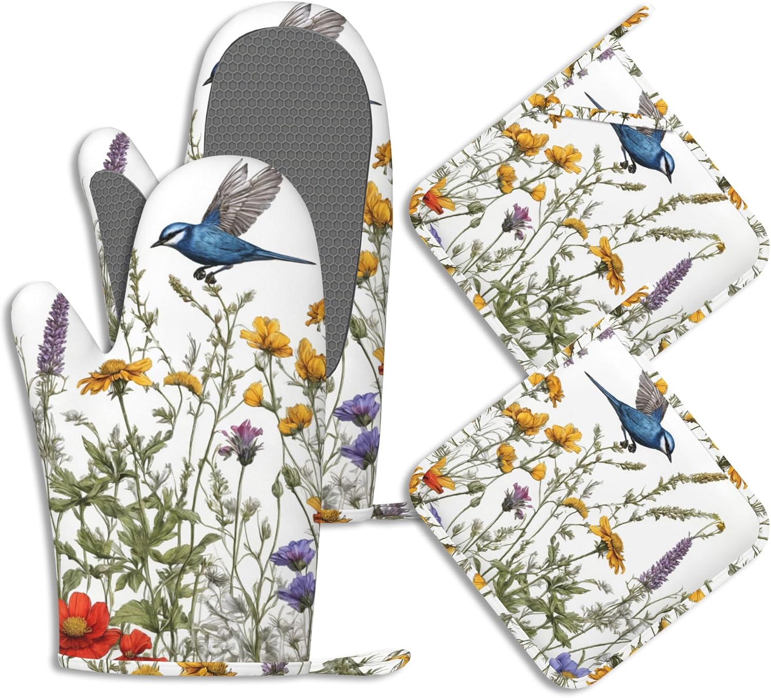 Spring Flower Bird Oven Mitts and Pot Holders Sets of 4 Wildflowers Heat Resistant Silicone Oven Mits Gloves Non-Slip Kitchen Mittens Potholders for Cooking Baking Grilling BBQ