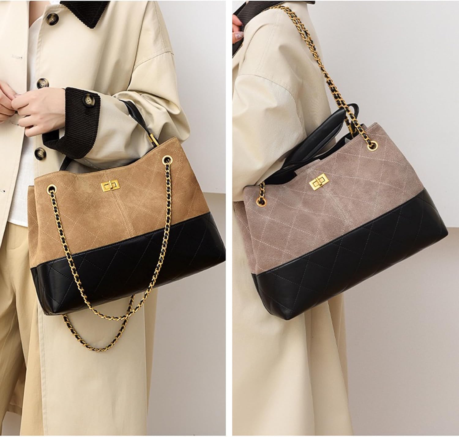 Quilted Bucket Crossbody Bag Purse for Women, Leather Shoulder Bag with Chain Strap & Turn-Lock Closure
