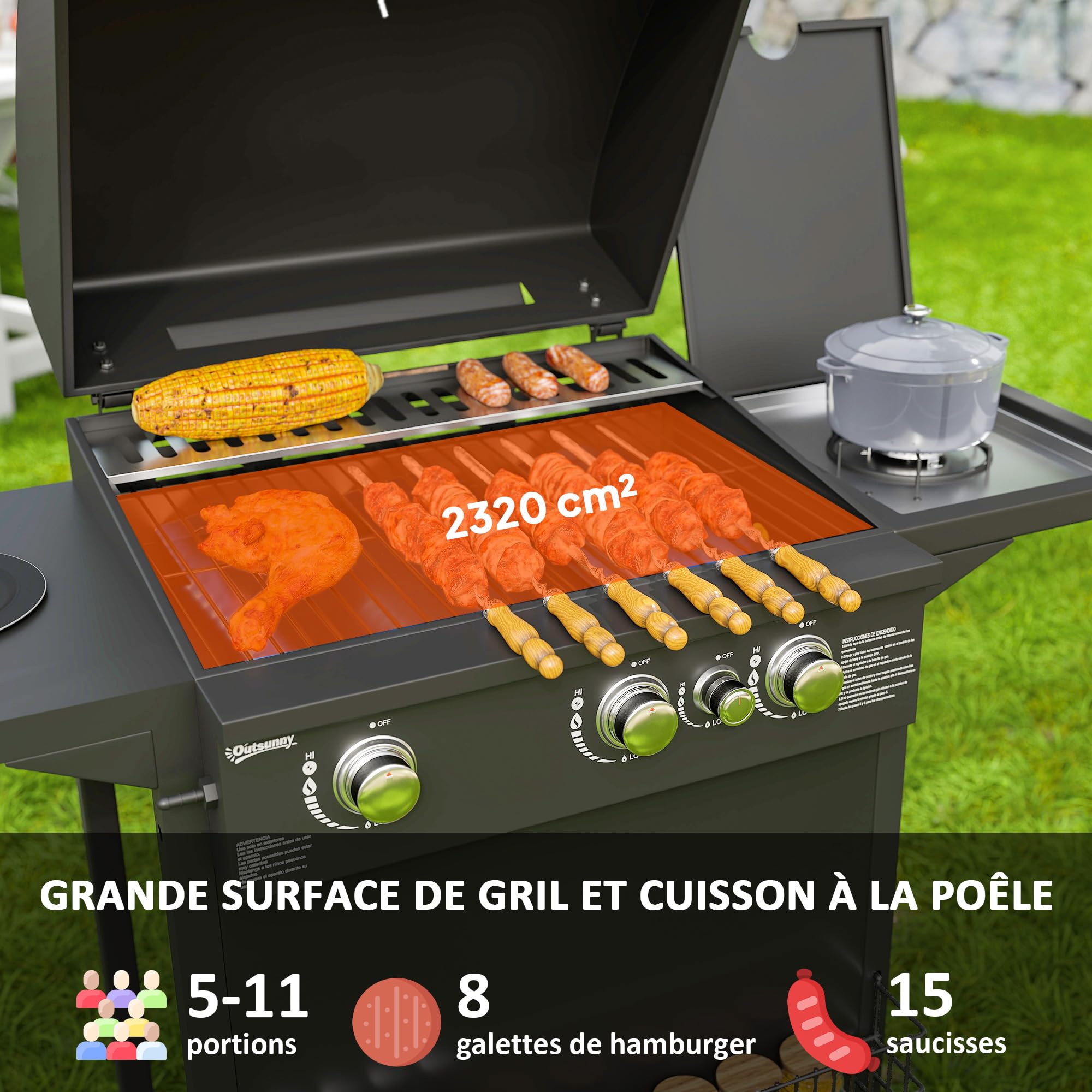 Outsunny Barbecue gaz 3+1 brûleurs en acier, puissance 9,5 kW, barbecue de jardin 2 grilles en chromé, étagères latérales, 2 roues, thermomètre, couvercle, pour camping et terrasse, noir