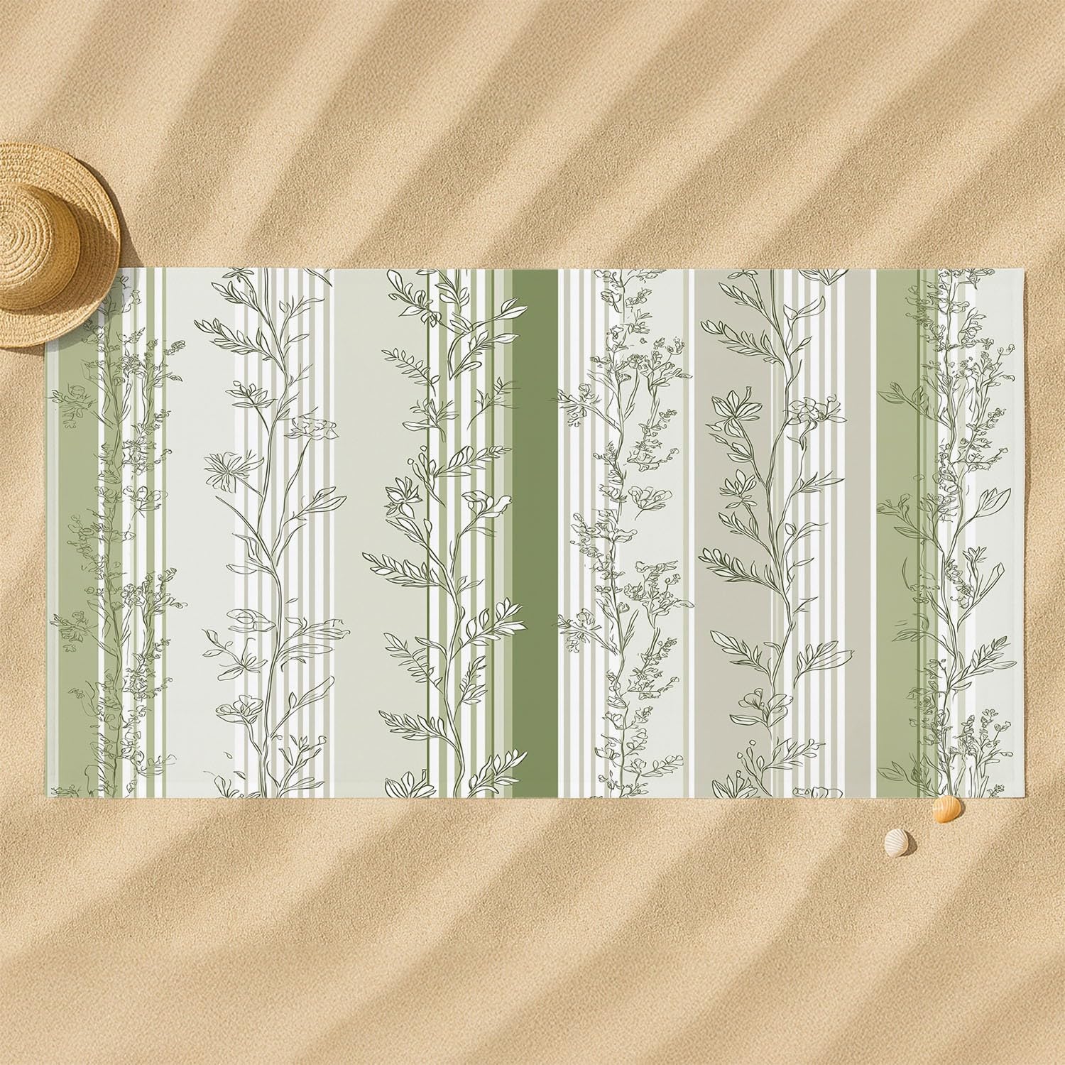 Générique Drap de Plage Anti Sable Sechage Rapide 200 cm x 100 cm Moderne Naturel Serviette de Plage Microfibre Raffiné Frais Élégant Calme Rayures Plantes Absorbante Super Couverture de Plage