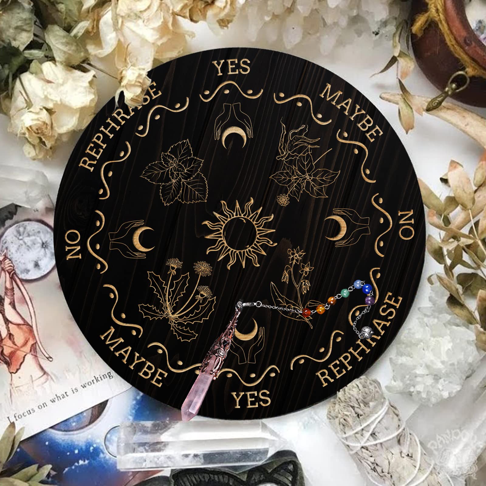 ANAHDMAKER 7.8" Tavola Del Pendolo Della Strega, Planchette per Rabdomanzia In Legno con Pendoli Rabdomanzia In Cristallo di Quarzo Rosa Strumenti di Divinazione - Piante A Mano Sole Luna