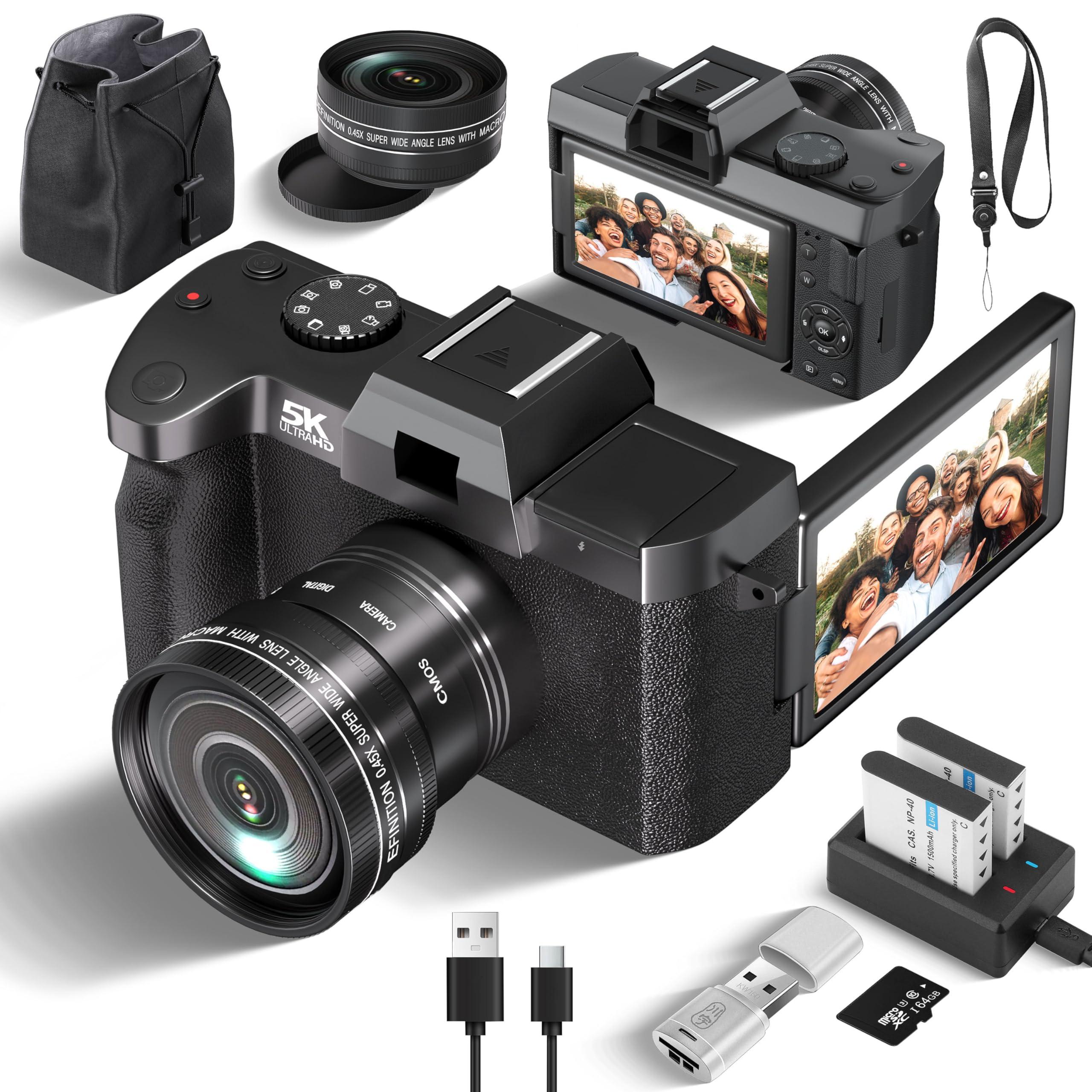 Appareil Photo Numérique 5K Ultra HD-64 MP Grand Angle, Écran orientable 180° 3 Pouces, Zoom numérique16x, Carte SD 32Go et 2 Batteries Li-ION, Léger et Portable pour Voyagexs et étudiants