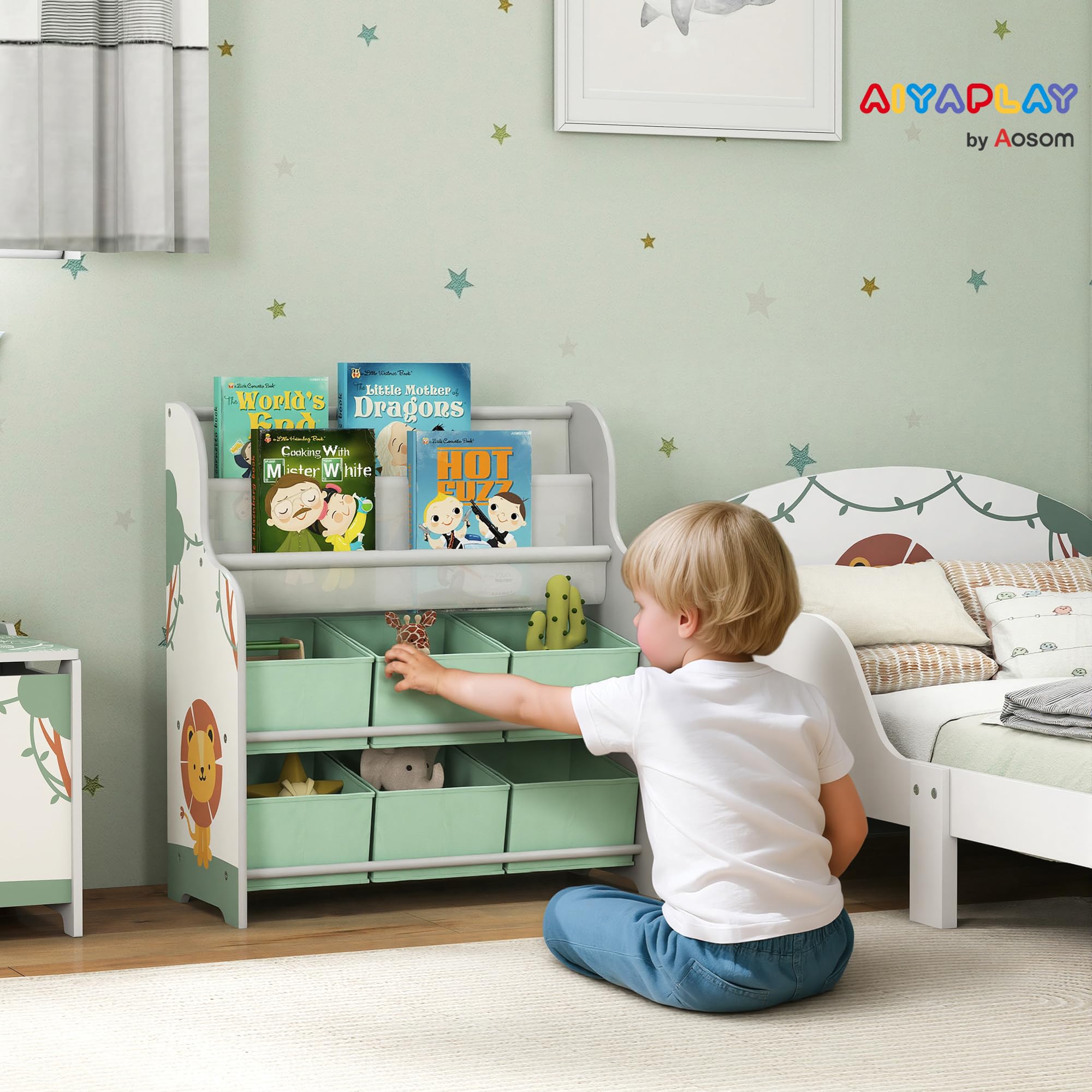 AIYAPLAY Meuble Rangement Enfant, Rangement Jouet Enfant, 6 tiroirs en Tissu et étagère à Deux Niveaux, bibliothèque pour Chambre ou Salle de Jeux, 63x30x71cm, Vert
