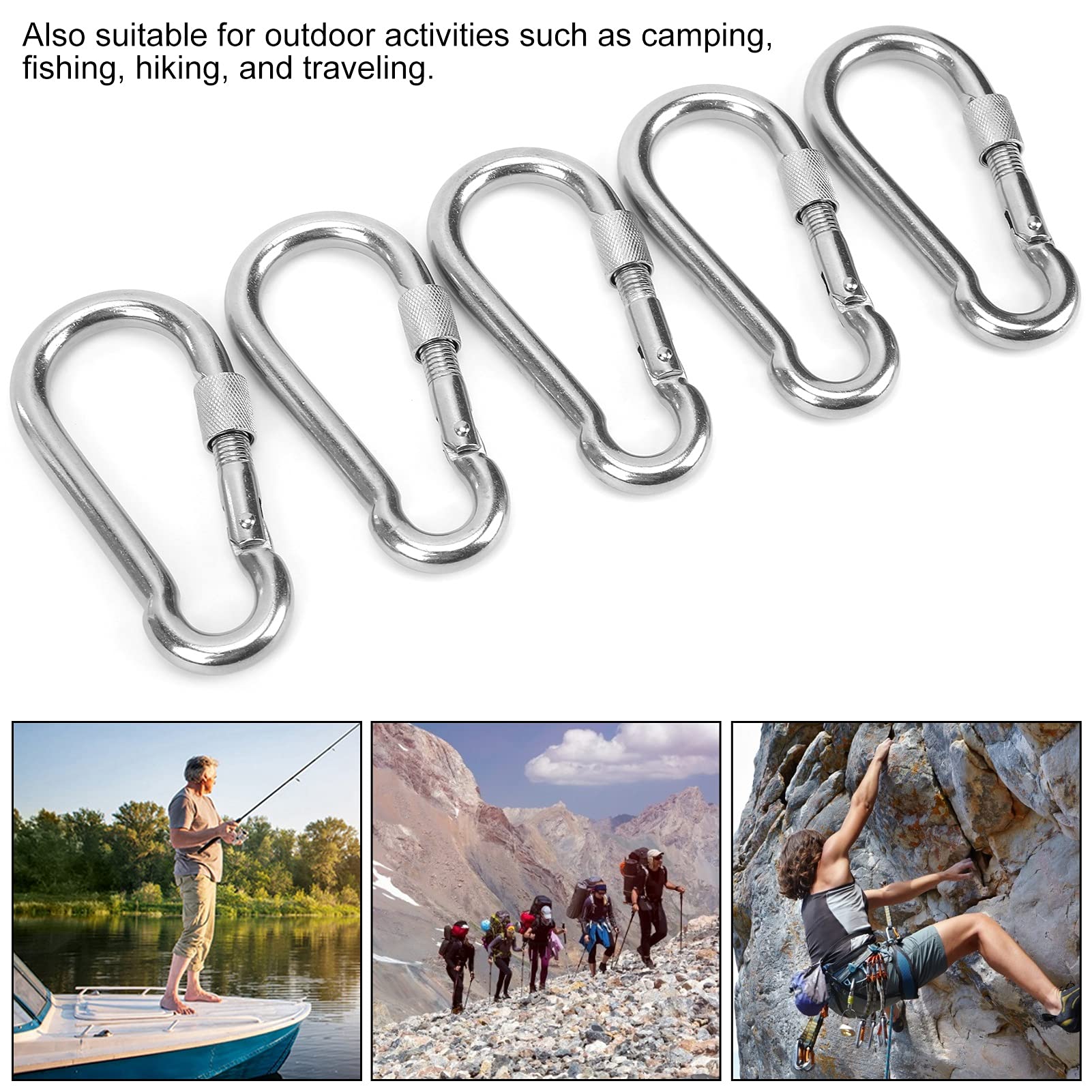 5 Stück Robuste Karabinerhaken mit Mutternverschluss-Schnalle für Camping, Wandern und Reisen, Edelstahl, 120 Mm