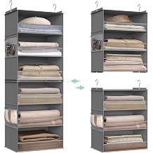 SONGMICS Hanging Closet Organizer 6 Tier Fabric Storage Shelf Separate Closet Hanging Shelf with Side Pockets, Foldable Metal Hooks and Bamboo Insert, Dove Grey URCH007G01