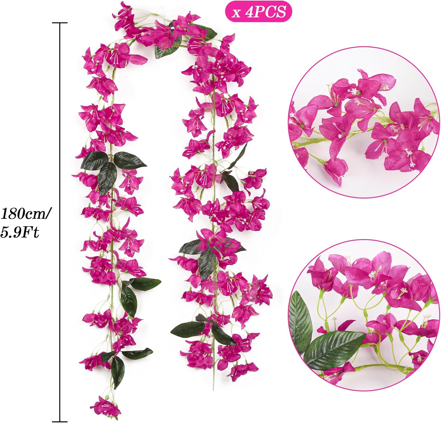 4Pcs Artificial Bougainvillea Flowers Garland 5.9Ft Fake Silk Bougainvillea Vines Plant Faux Bougainvillea Wreath for Centerpieces Table Runner Wedding Arch Wall Decoration (Rose red)