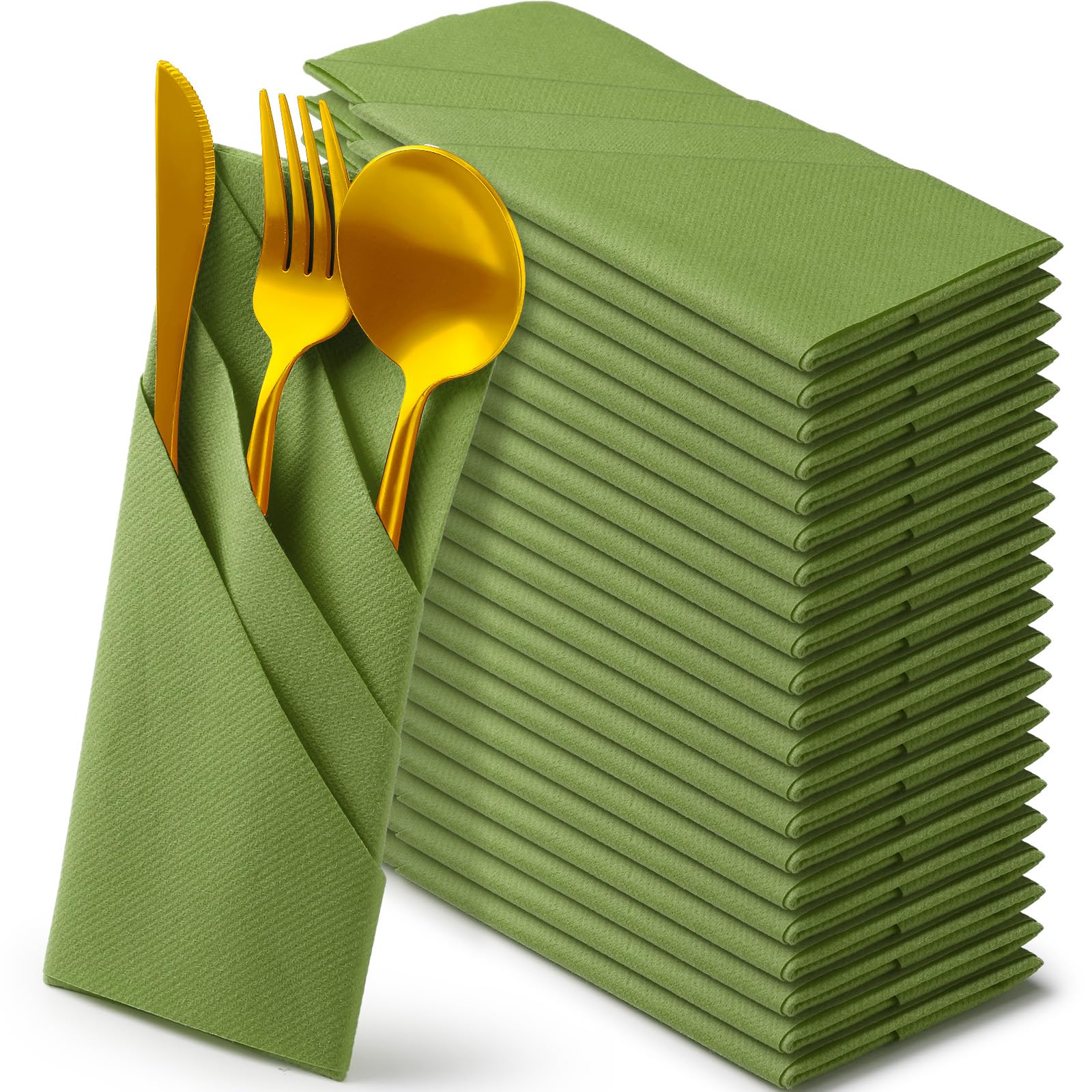 Qilery 50 servilletas de papel de lino, desechables, preplegadas, con bolsillo integrado para cubiertos, San Valentín, boda, fiesta, Navidad, color verde
