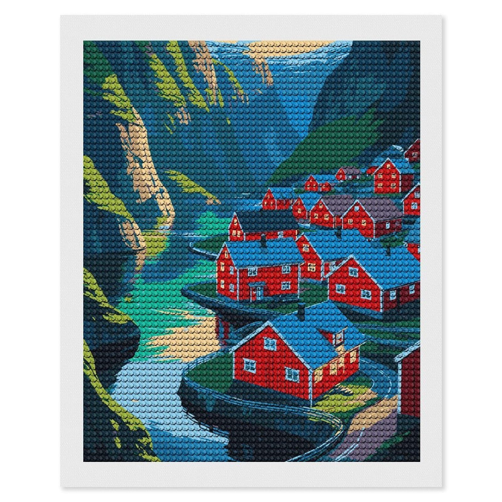 Junmoney Colorful Fjord Village Illustration DIY Diamond Art Canvas Kit 16"x20", Winter Craft, Mindful Craft Project, Aesthetic Room Decor, Decor Project