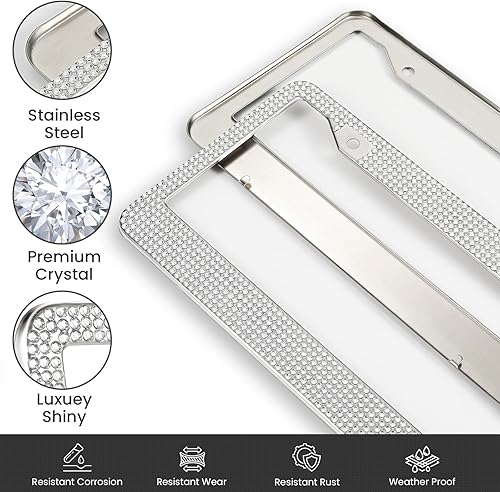 Miniatura 2 de Marco de matrícula brillante para mujer, paquete de 2 marcos de matrícula, soporte para placa de matrícula de diamantes de imitación, cristal hecho