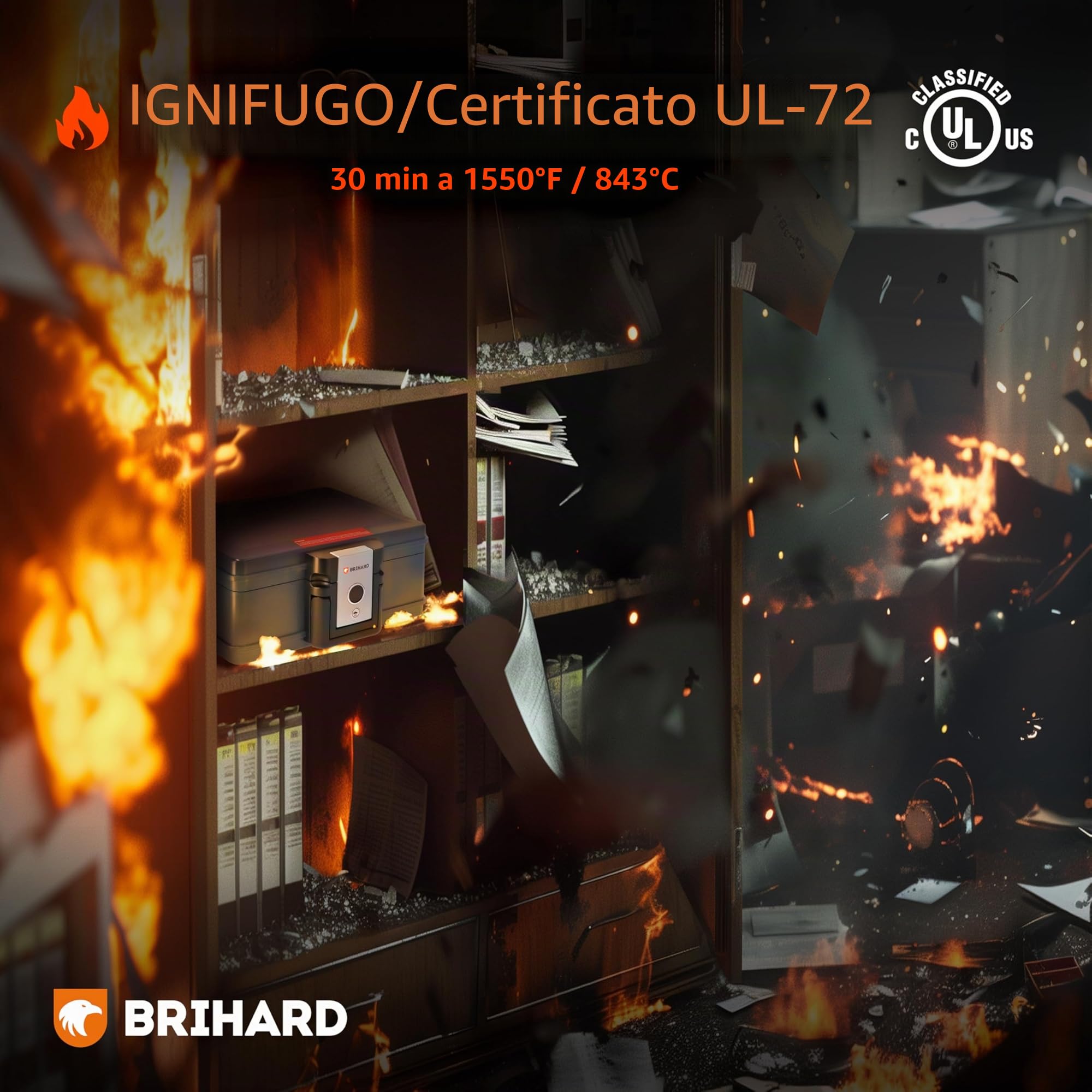 Cassaforte Portatile Certificata 2017, A4 - Scatola di Sicurezza Impermeabile e Ignifuga con Serratura a Chiave, Protezione di Valori e Documenti, H 15,5 x L 40,7 x P 32,1 cm