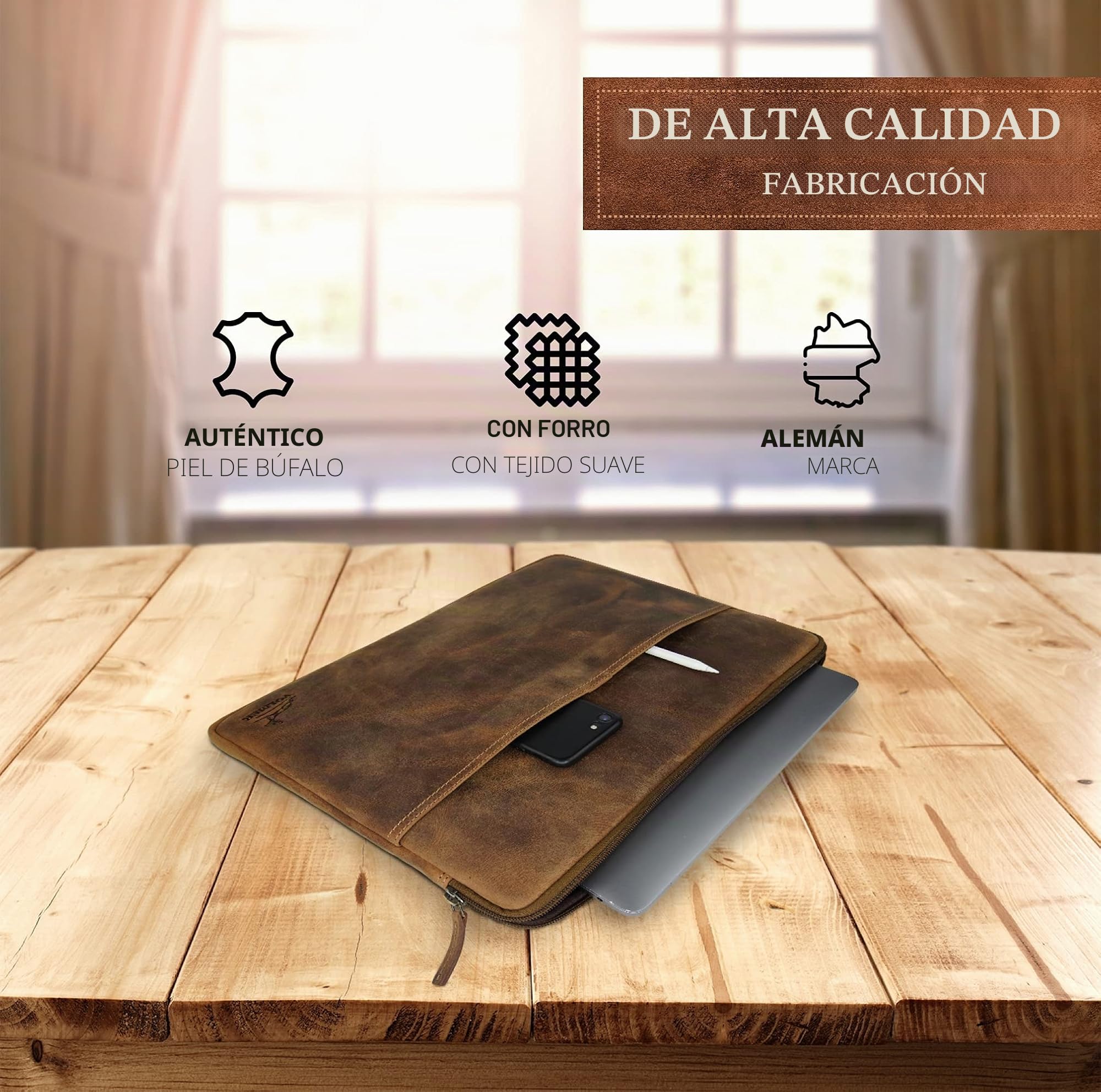 Fa.Volmer ® Funda vintage de piel de búfalo acolchada para MacBook Pro, Microsoft Surface I iPad funda I Tablet funda I aspecto vintage, Marrón, natural