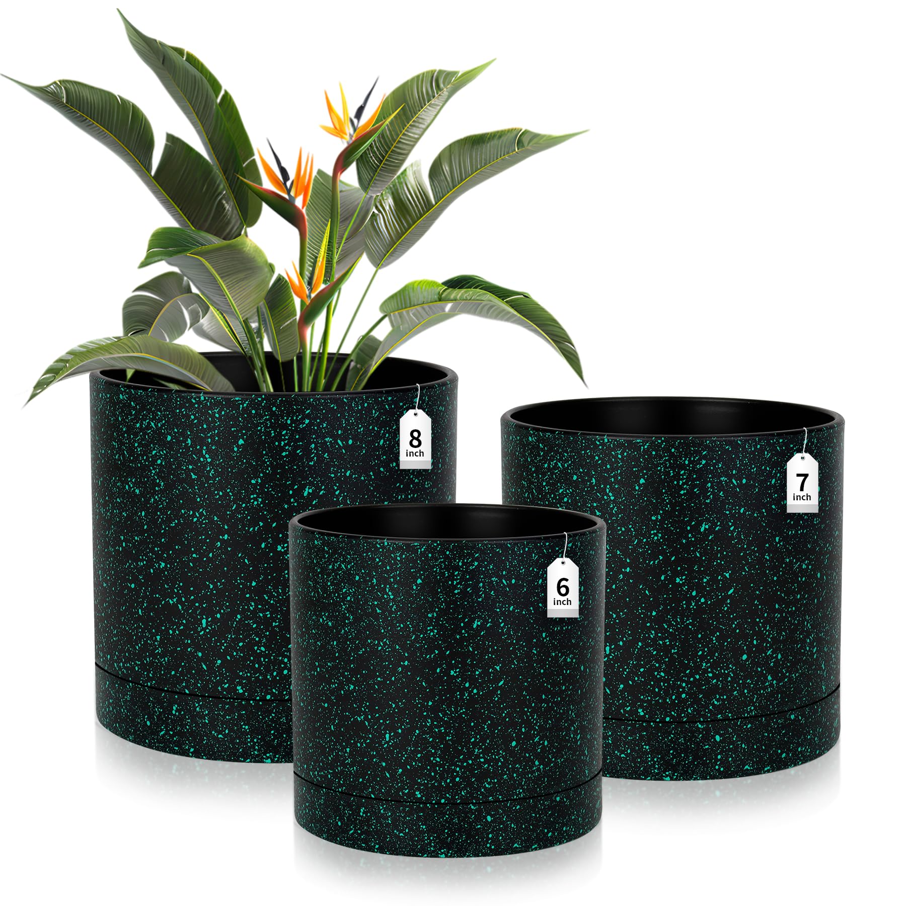 CSYY Plant Pots Indoor, Plastic Plant Pots, Flower Pots Outdoor Self Watering Indoor Plant Pot with Drainage Holes and Tray, Plastic Planter for Garden House Plants (Black and Green, 8/7/6in)