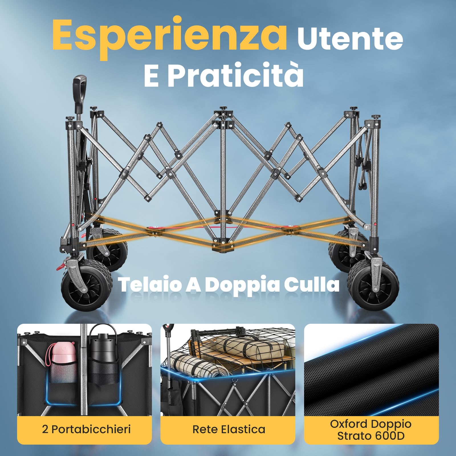 YEAUPE PRO Carrello Spiaggia Pieghevole XXXL – Doppi freni, doppia forcella rinforzata, ruote grandi, manico regolabile, rete elastica inclusa, carrello con ruote portatutto – 250kg/260L, Nero